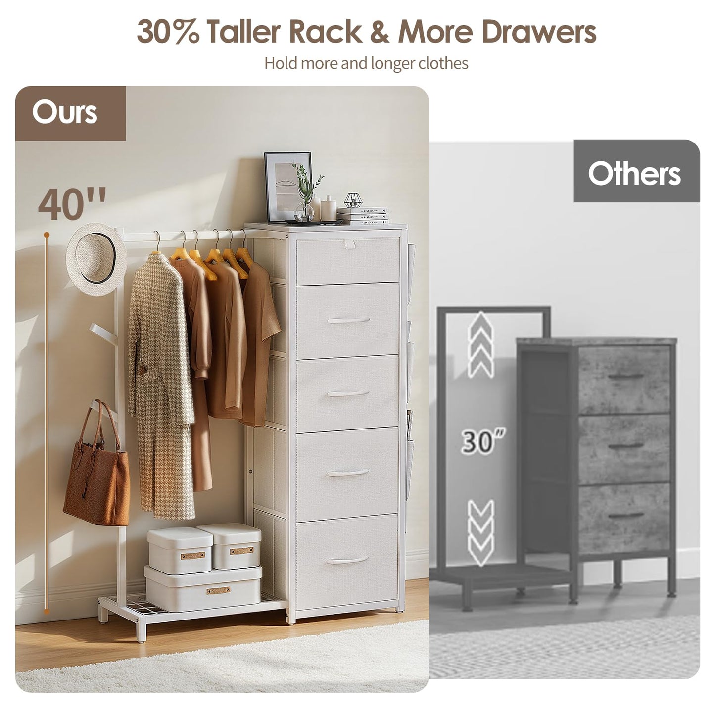 Luxspire Dresser with Hanging Rack, Reversible Dresser for Entryway with 5 Fabric Storage & 3 Coat Racks & Side Pockets Small Closet with Clothes Rack, White
