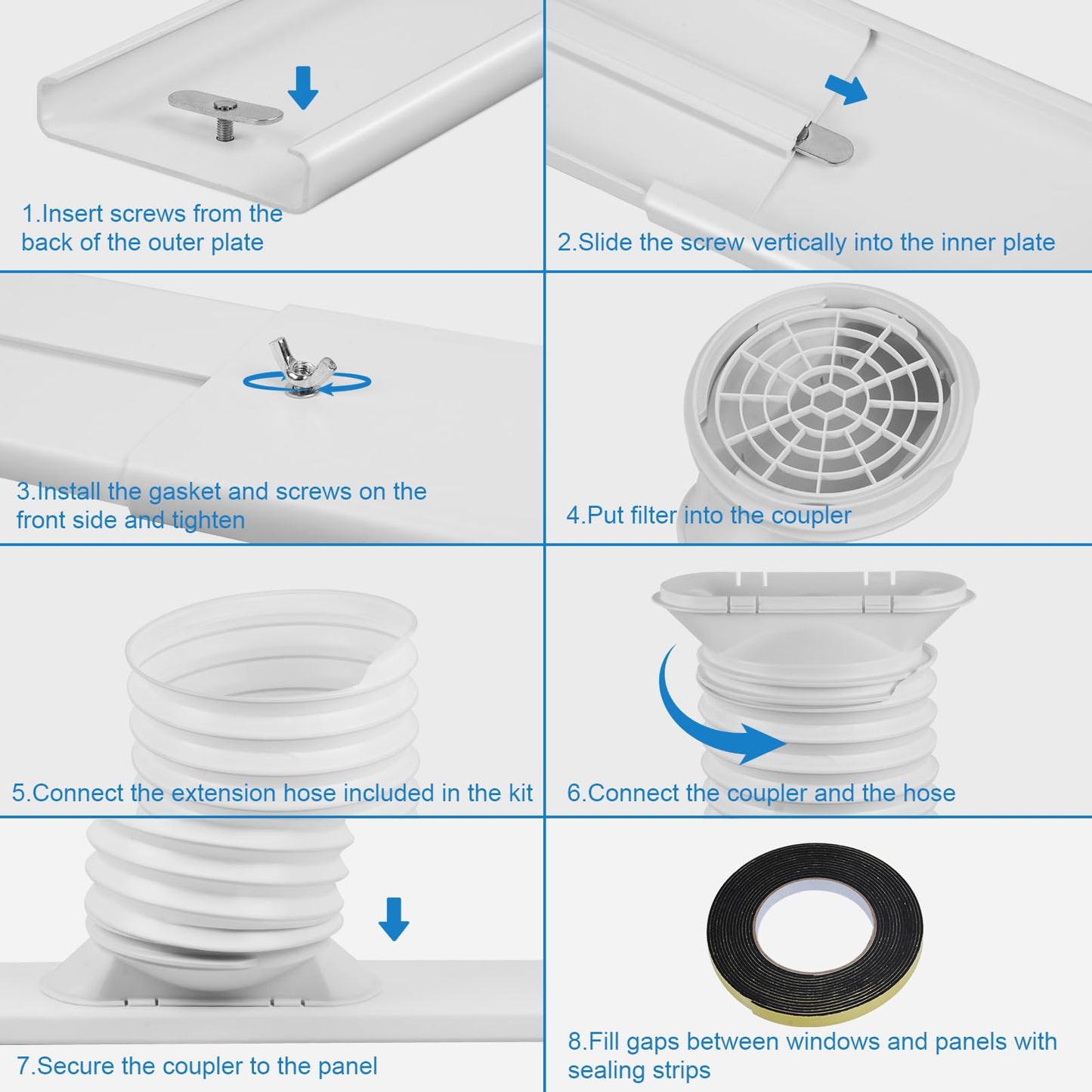 Portable Air Conditioner Window Kit with 5.9" Exhaust Hose, Portable AC Window Vent Kit for Sliding Window Seal with PVC Plate, Universal Coupler Fits 5.9 & 5.1 Inch Diameter Exhaust Hose