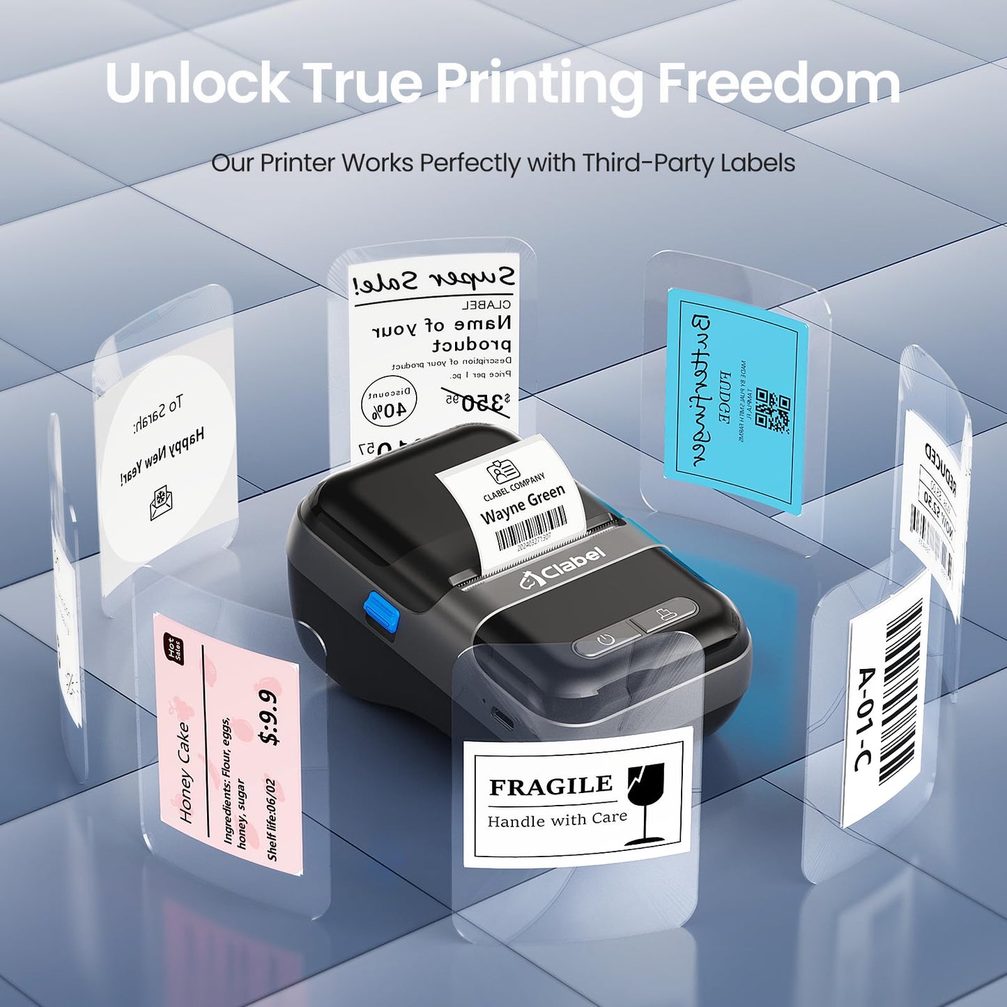 Label Maker CLABEL 220B, Portable Barcode Printer, Mini Wireless Thermal Label Maker Machine, Compatible with iOS System for Retail, QR Code, Small Business(Black)