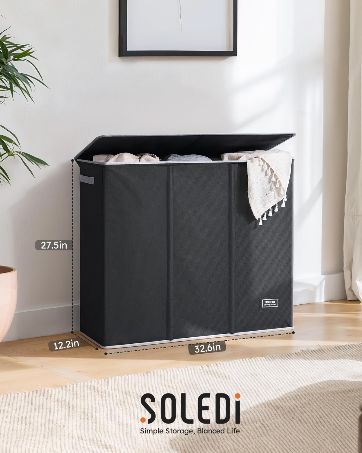 SOLEDI 180L Laundry Hamper 3 Section, Extra Large Laundry Hamper with Lid, Dirty Clothes Hamper with Sturdy Handle, Large Laundry Basket Organizer for Laundry Room, Bedroom, Hampers for Laundry-Black
