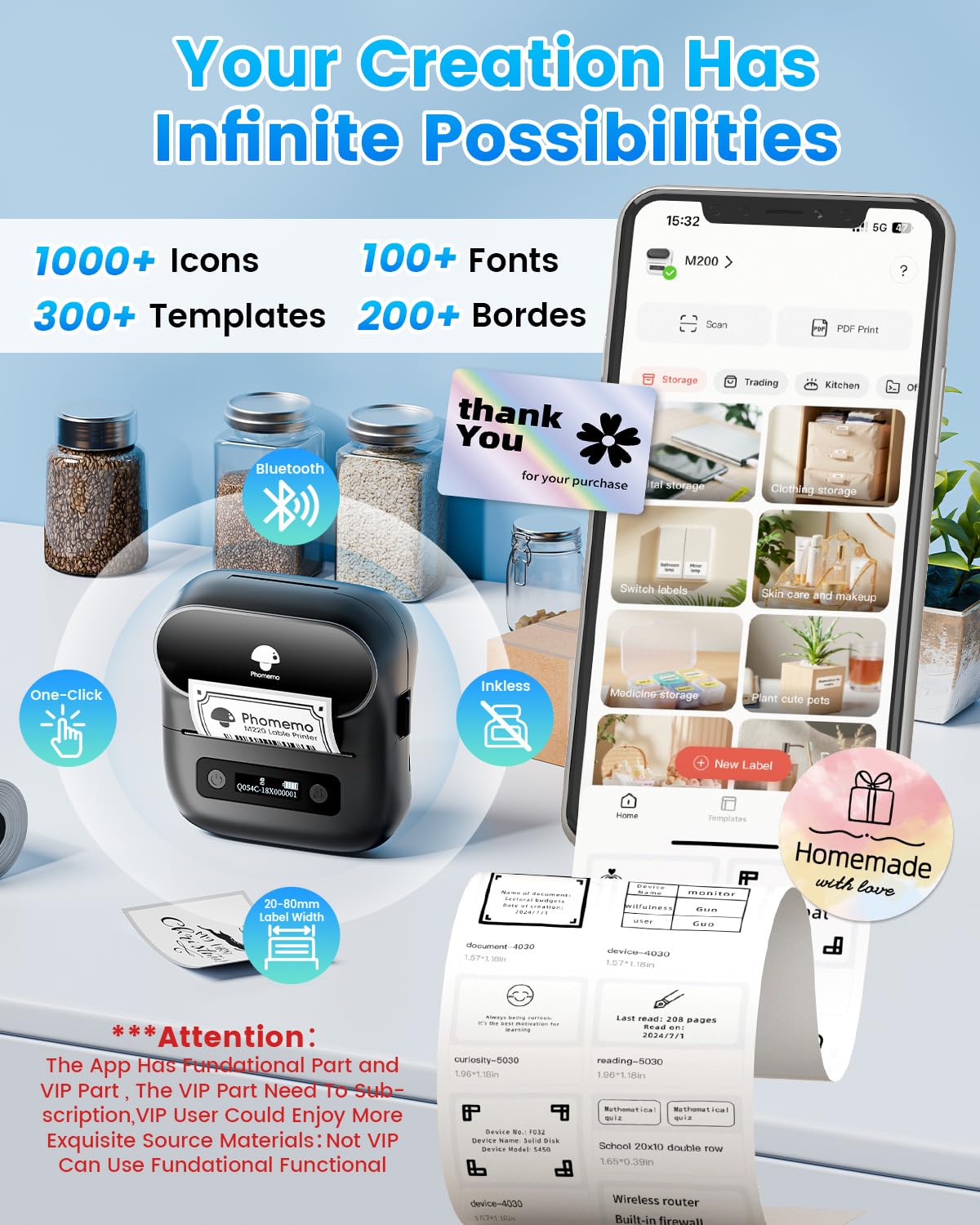 Phomemo M220 Label Maker for School, Bluetooth Label Printer for Small Business, Sticker Printer Compatible with Phone, Tablet & PC, with 3 Rolls & 1 Case