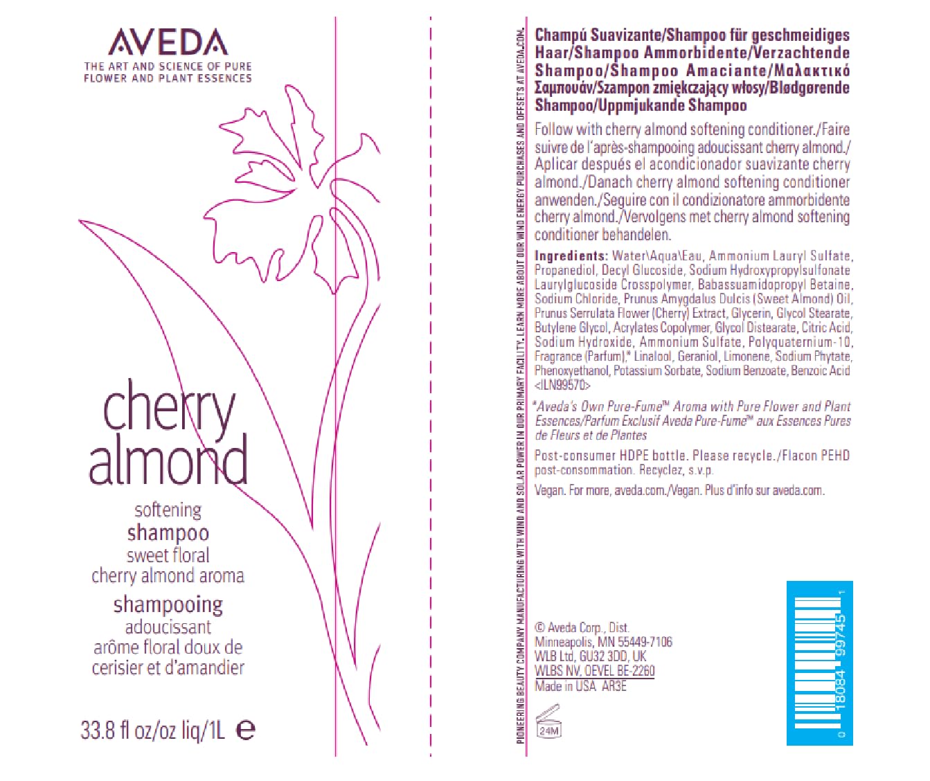 Aveda Cherry Almond Softening Shampoo | Gentle Daily Shampoo | for Normal to Dry Hair | 97% Naturally Derived* | Silicone Free | Iconic Cherry Almond Aroma of Tonka, Orange, Ylang Ylang, 1000ml