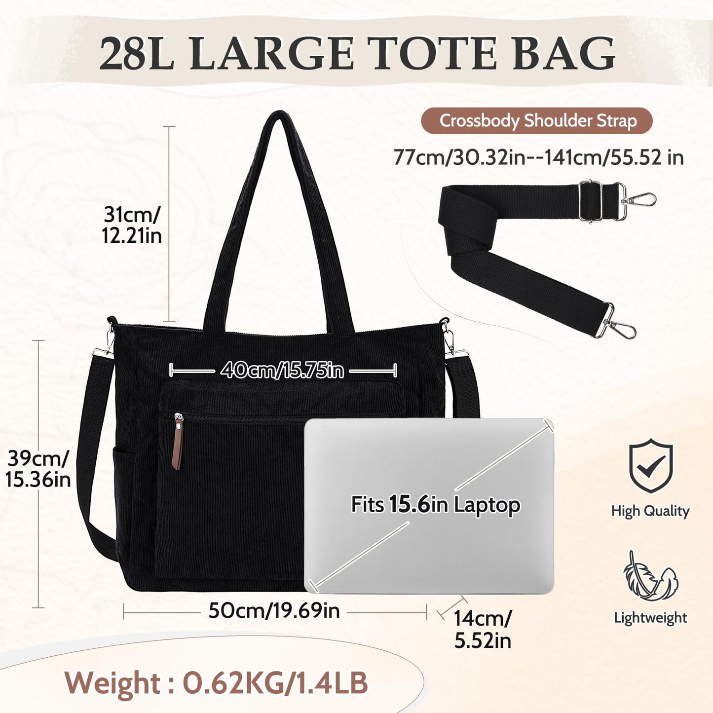 Kasqo Corduroy Tote Bag for Women, Extra Large Zippered Crossbody Shoulder Purse with 15.6" Laptop Compartment for Work Travel School College, Black