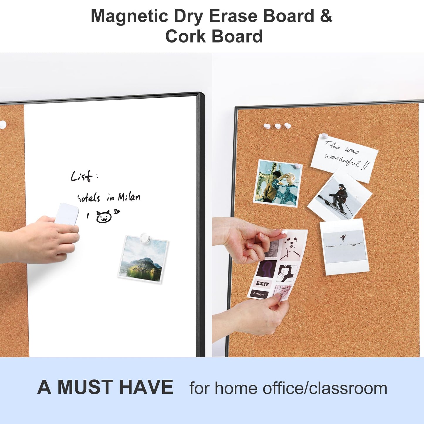 Dry Erase Cork Board Combo, ARCOBIS 36"X24" Bulletin White Board for Wall, Magnetic Corkboard, Vision Whiteboard for Office,Home,School Black Frame