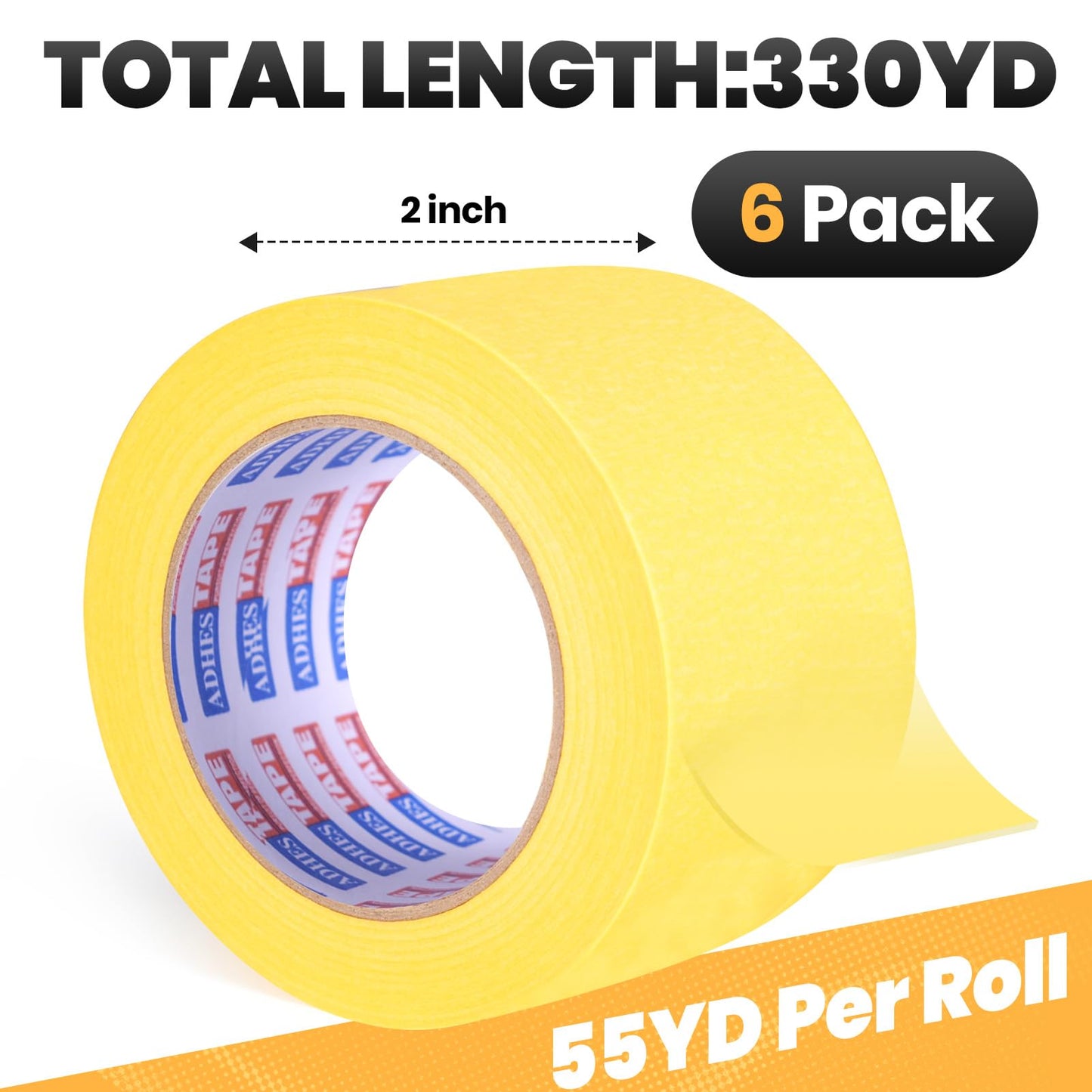 ADHES Yellow Painters Tape Yellow Masking Tape, 2 inch x 55 Yards x 6 Rolls, No Residue Wall Safe Tape for Home Wall Painting, Building, School Stationery, Labeling, 14 Days Clean Remove