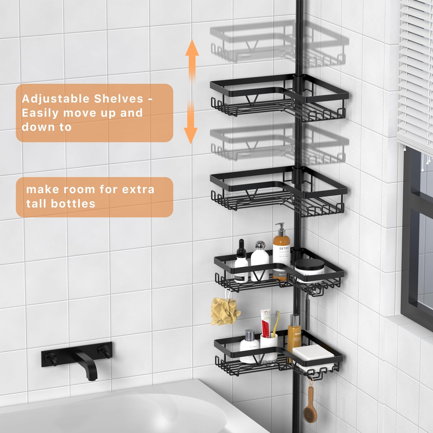 KEGII Corner Shower Caddy Tension Pole, Rustproof Bathroom Organizer with Hooks & Soap Holder, Adjustable from 25 to 114.2 inch, 4-Tier Corner Shower Rack for Bathtub Shampoo Storage - Black