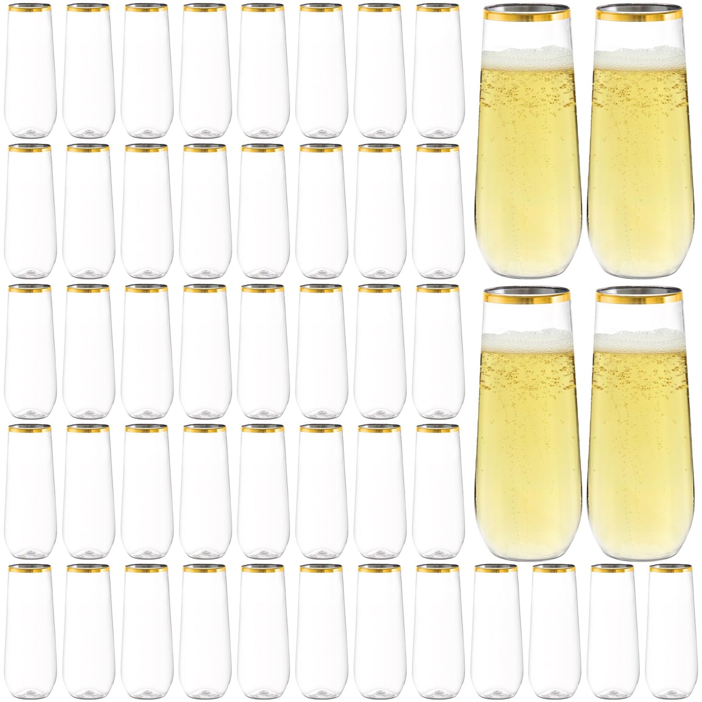 Hacaroa 48 Pack Plastic Stemless Champagne Flutes, 9 Oz Clear Toasting Glasses Highball Cups BPA-Free, Disposable Mimosa Glasses for Wine, Cocktail, Bar, Party, Wedding, Shatterproof, Gold Rim