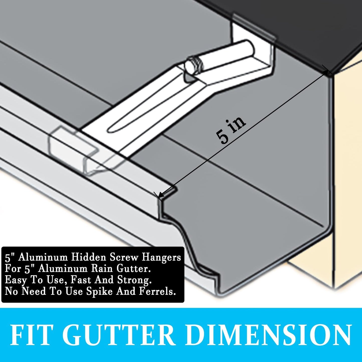5inch Gutter Hangers (60Pcs) with Pre-Inserted Quick Screw Gutter Clips, Hidden Bracket Clips for 5" K-Style Aluminum Gutters - Come with 1/4” Hex Drill Bit