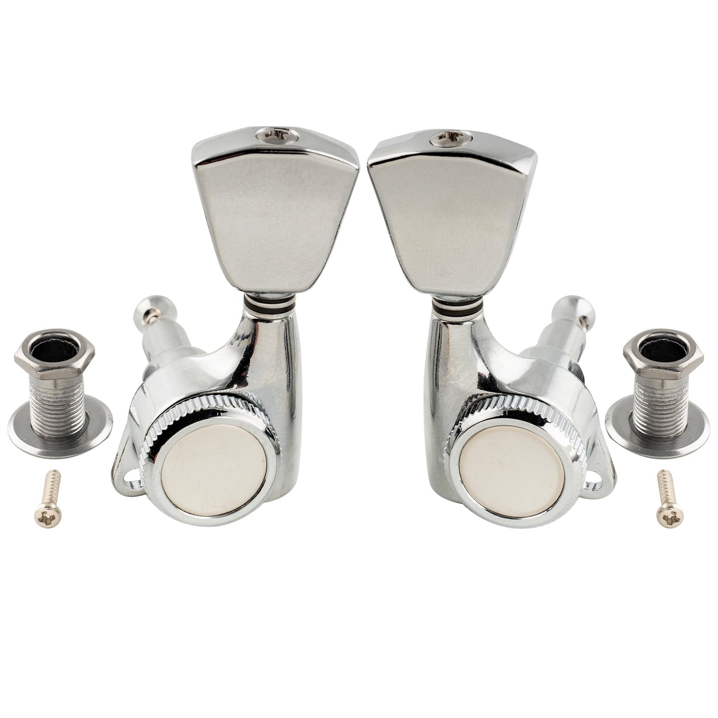 Musiclily Pro 3R3L 18:1 Ratio Full Sealed Locking Machine Heads Tuners Tuning Pegs Keys with Keystone Button 45 Degree Screw for LP SG Style Electric Guitar, Chrome