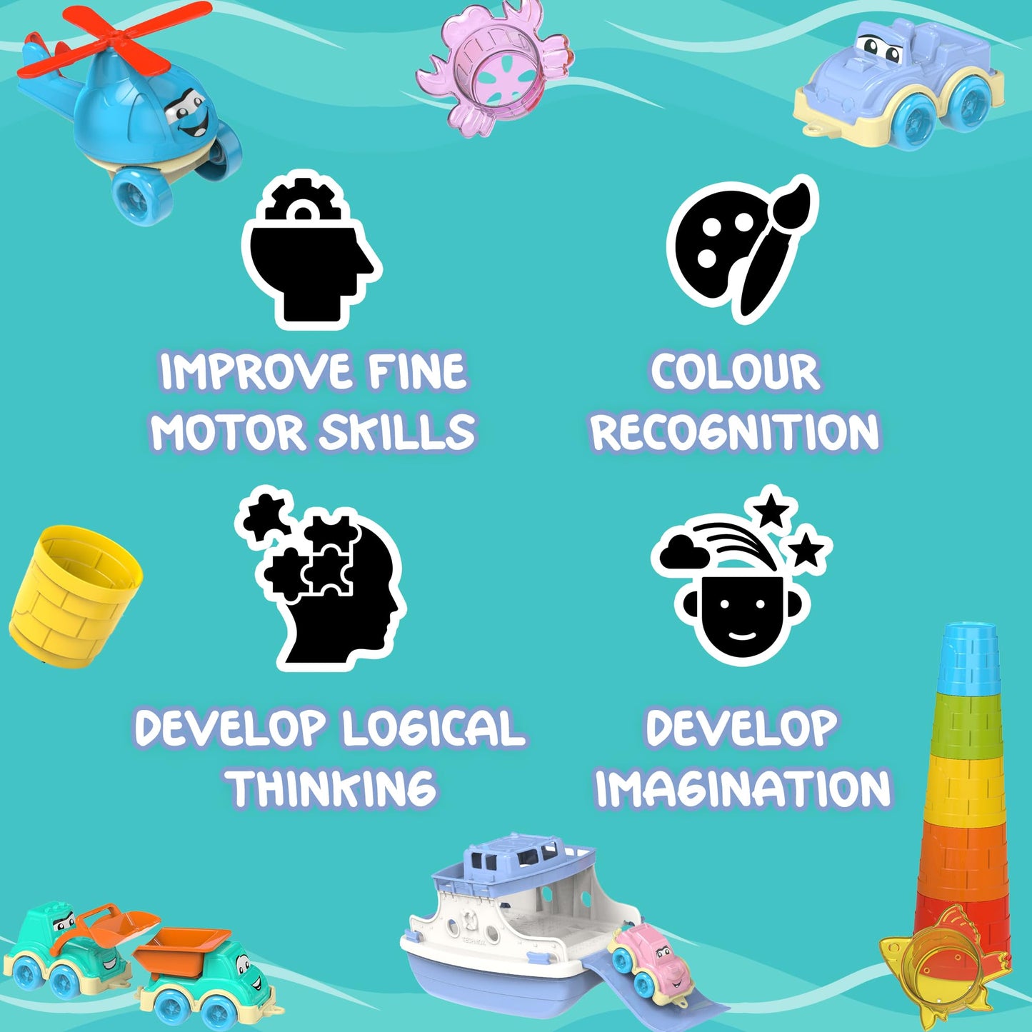Ferry Boat Bath Toys Set for Kids 15 Pcs | Includes Ferry, Cars, Trucks, Helicopter, Stacking Cups & Toy Animals for Baby Boys & Girls | Water Bathtub Indoor Games for Toddlers | Kids Ages 1+