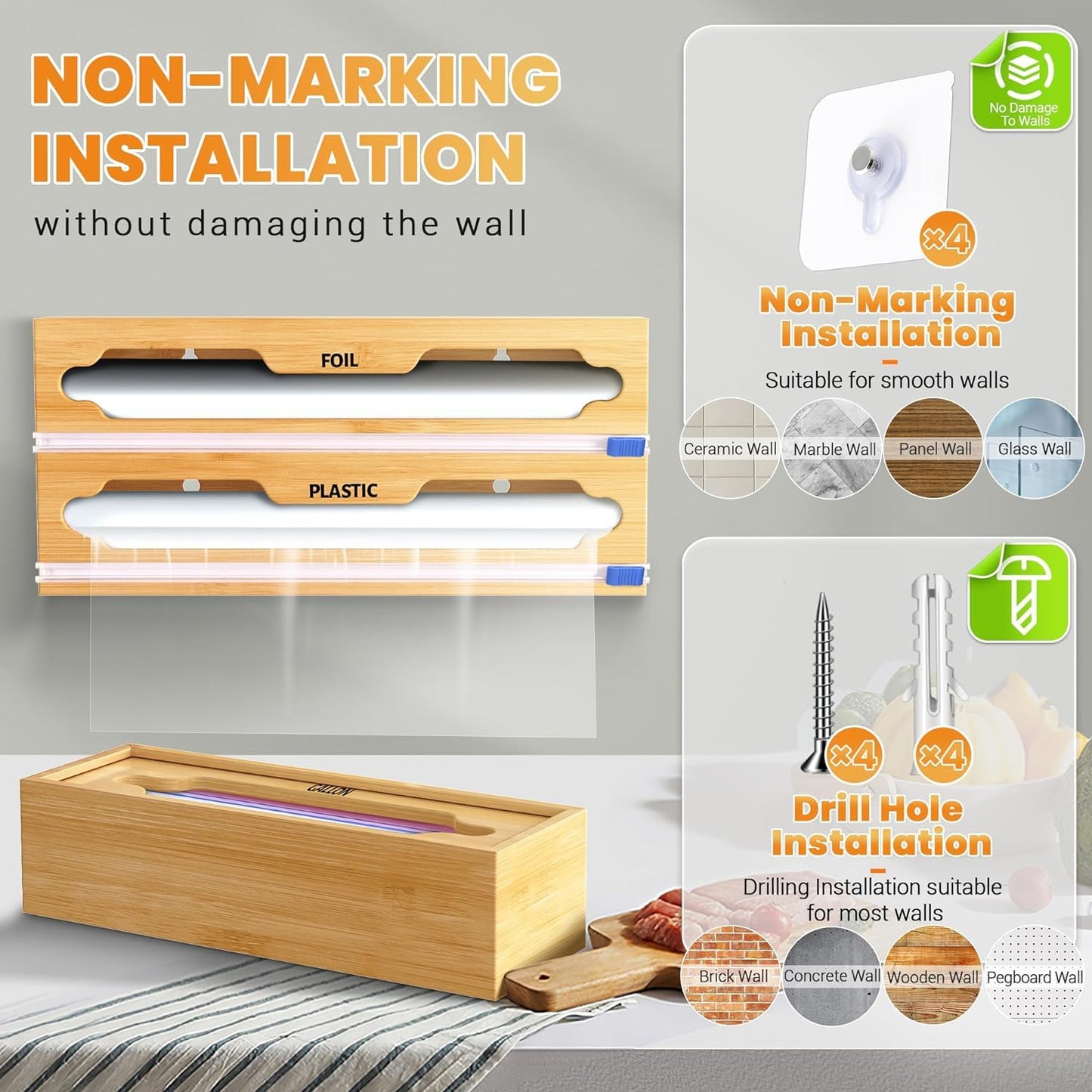 YITOBA 6 In 1 Bag Storage Organizer With Foil and Plastic Wrap Dispenser, Extended Aluminum Foil Holder, Bamboo Baggie Drawer for Gallon, Quart, Snack