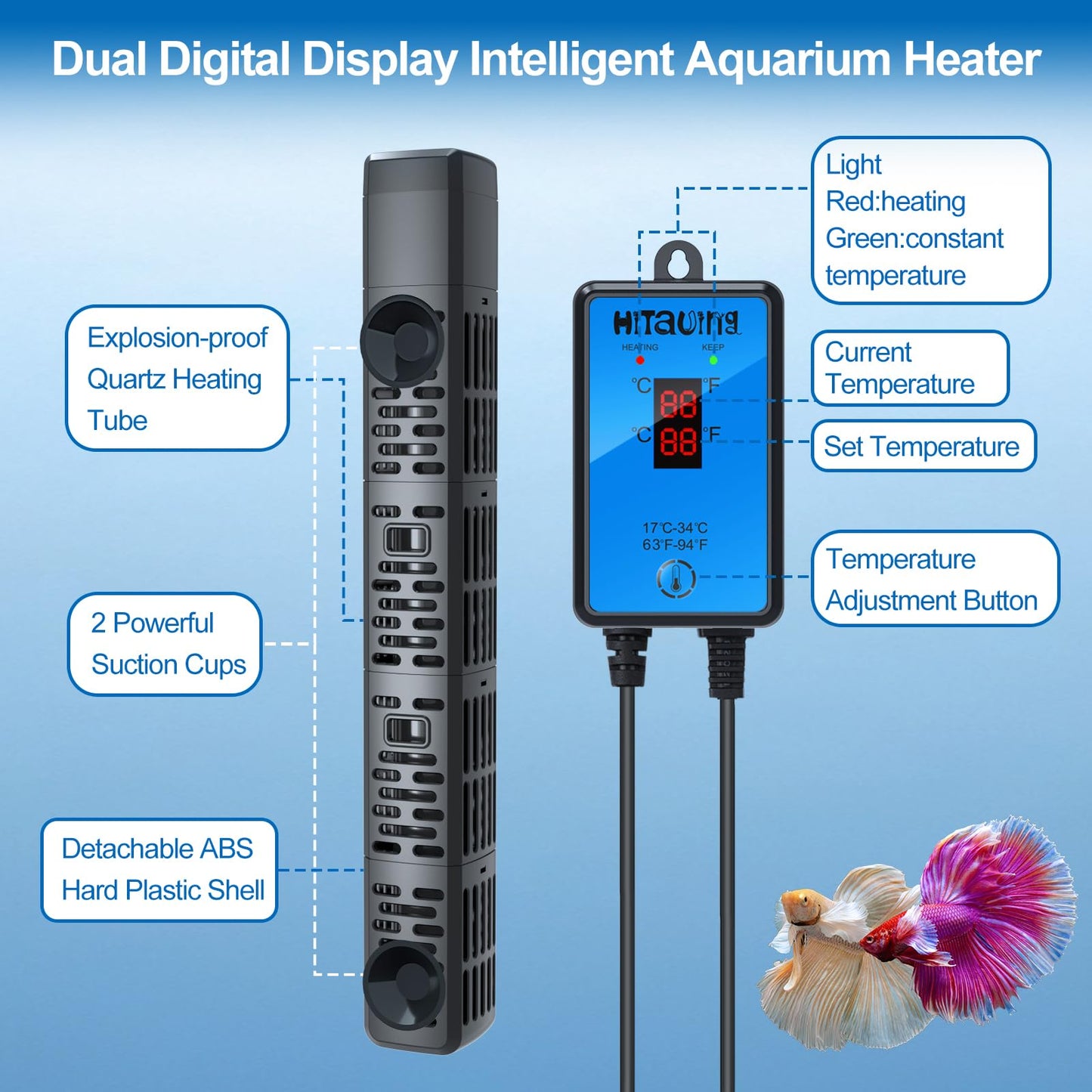 HiTauing Aquarium Heater, Upgraded 300W/500W Fish Tank Heater with Intelligent Leaving Water Automatically Stop Heating and Advanced Temperature Control System, Suitable for Saltwater and Freshwater