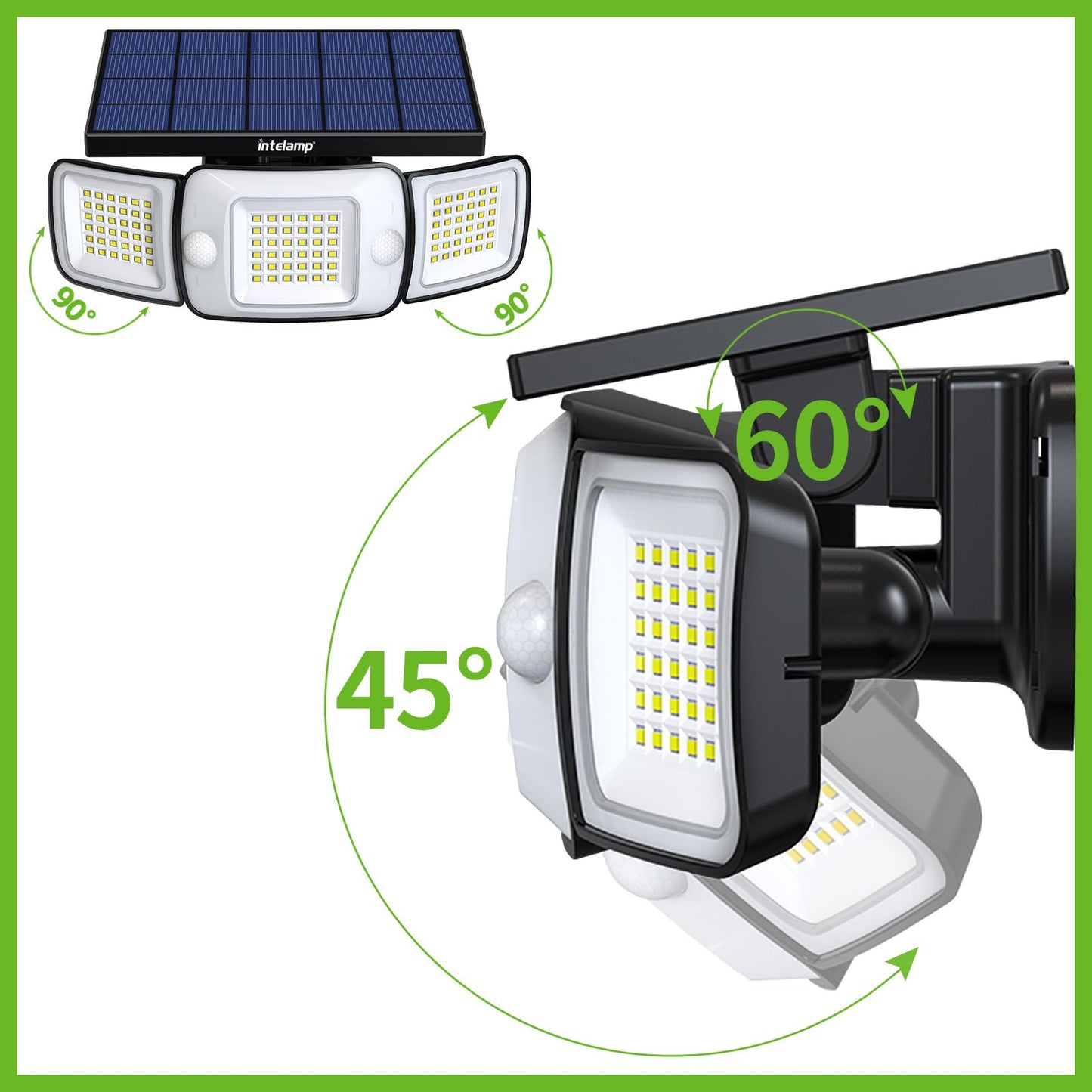 Intelamp Solar Motion Sensor Lights Outdoor, 3-Head LED Security Flood Light, 6000mAh 1200LM Dual PIR, IP65 Waterproof, Adjustable Solar Wall Light for Garage Yard Driveway Patio