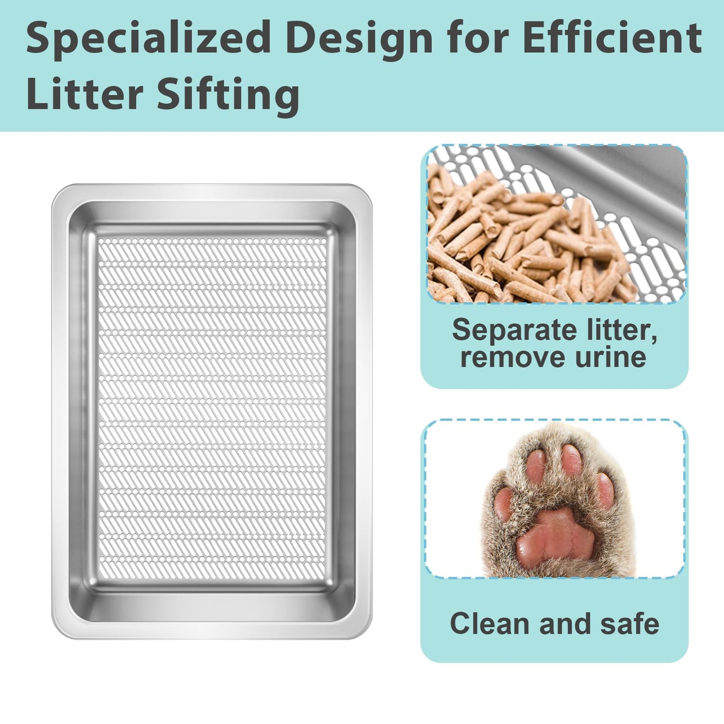 Amibud Stainless Steel Sifting Litter Box for Wood Pine Pellets,50cm Lx 35cm W x 15cm H Extra Large XL Metal Pellet Sifter Litter Pan System for Easy Cleaning Odor Control, Sifting Box Liners & Scoop