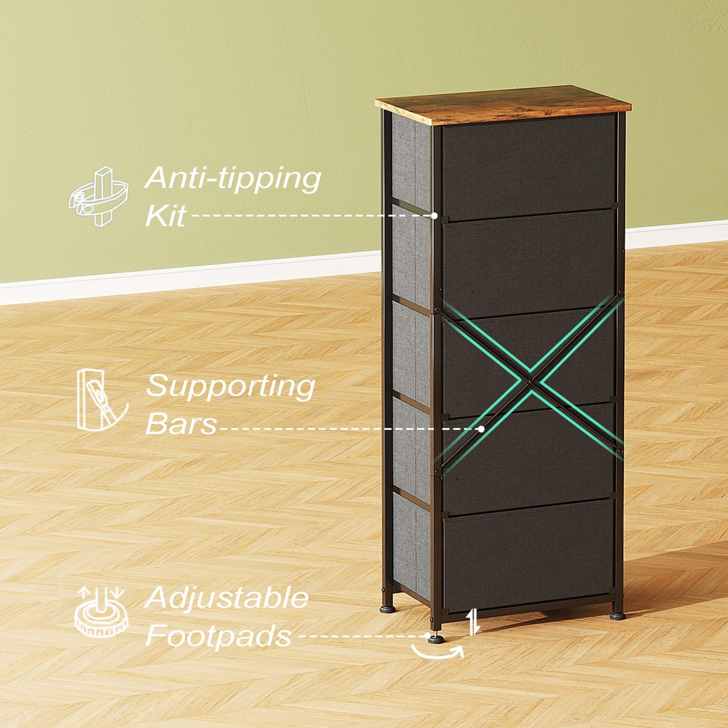 CAIYUN 5 Drawer Tall Dresser, Dresser for Bedroom Entryway Hallway, Closet Storage Drawer, Commode De Chambre, Armoire De Rangement, Rustic Brown