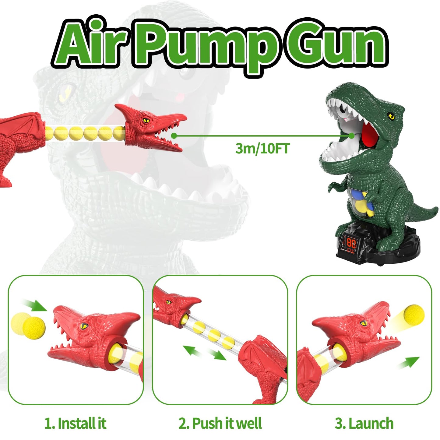BLmukce Dinosaur Movable Shooting Toys for Kids, 2 Air Pump Launchers, Electronic Kids Target Games, LCD Score Record, Light & Sound, 48 Foam Balls, Competition Game Gift for Boys 3-5 Years Old