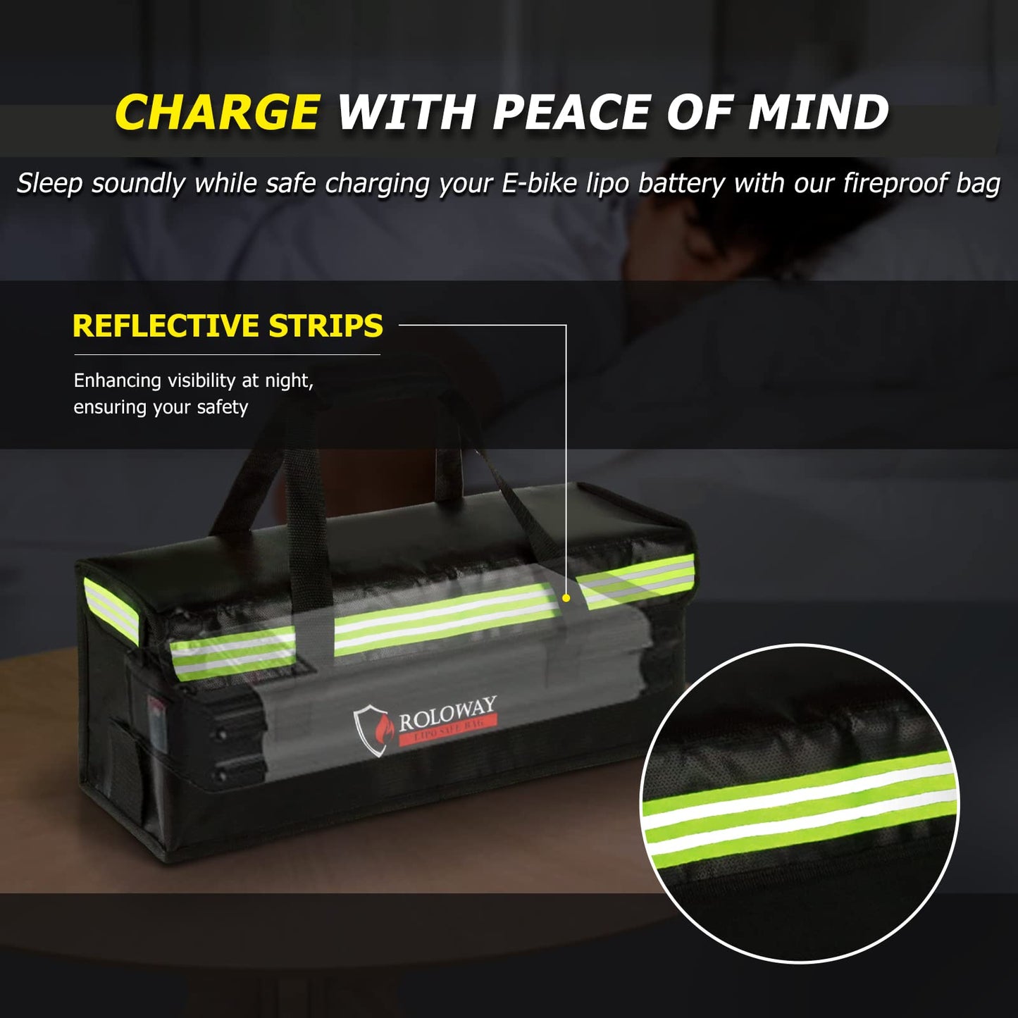 ROLOWAY Lipo Battery Bag (20 x 5 x 7.5 inch), Large Fireproof Lipo Ebike Bag with Comfortable Handle, Reflective Strip