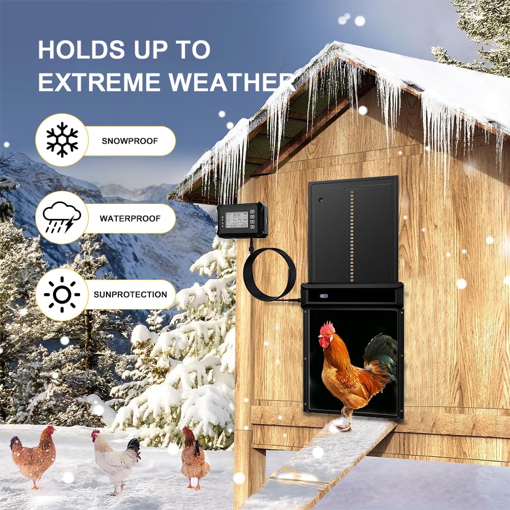 Large Size Automatic Chicken Coop Door Solar Powered Chicken Door with Independent LCD Display and Remote Control, Anti-Pinch & Aluminum Alloy Weather Proof Electric Coop Accessories with 4 Modes