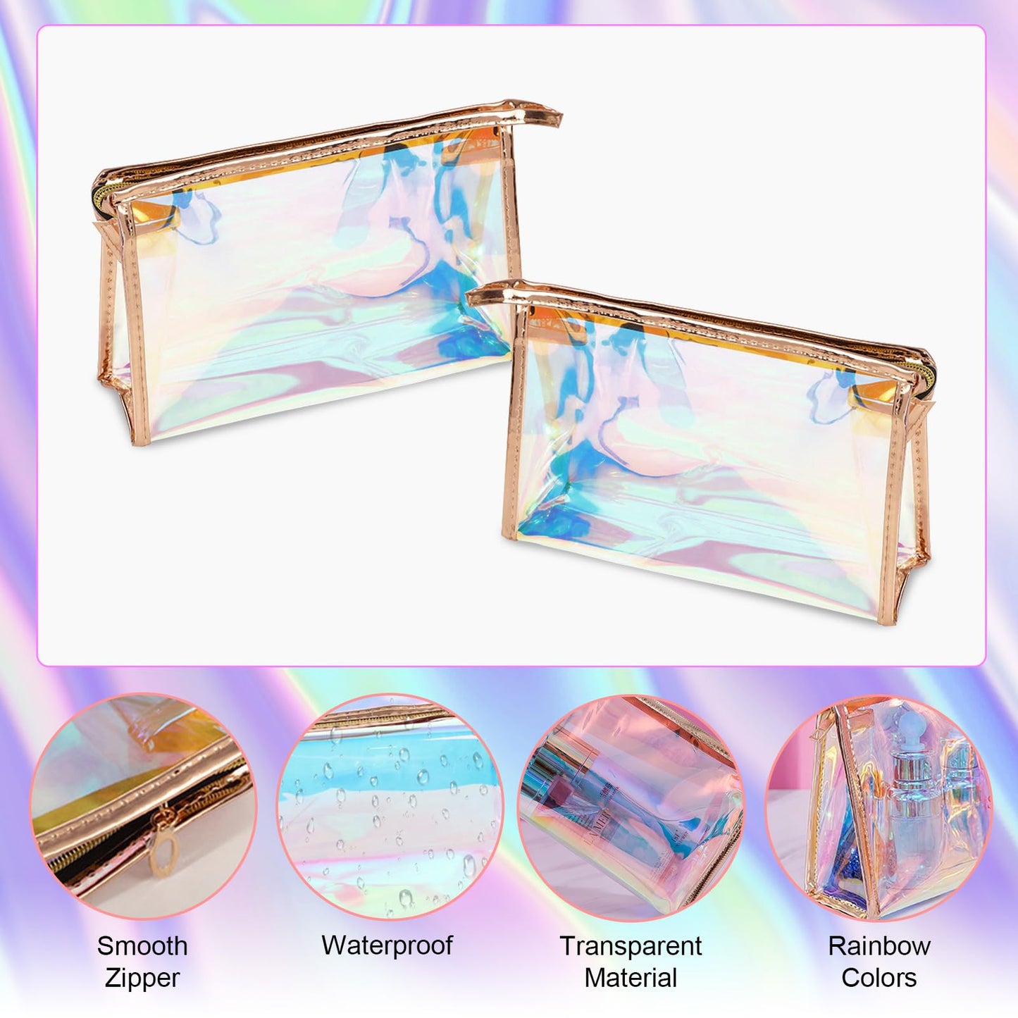 Voittozege 10 Pcs Holographic Makeup Bag Bulk Iridescent Makeup Pouch Clear Bachelorette Bag Portable Zippered Toiletry Bag Waterproof Cosmetic Gift Bags for Organizer, Brushes,Women Gifts