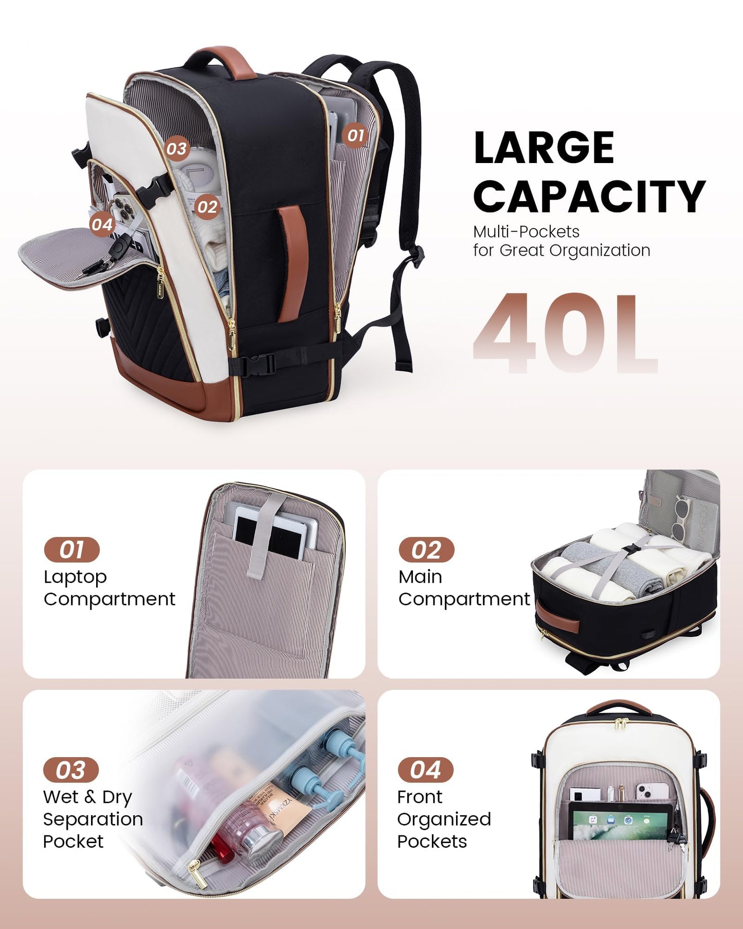 LOVEVOOK Travel Backpack for Women, Large TSA Carry on Backpack for Airplanes, 40L Personal Item Travel Bag for Women fits 17" Laptop, Waterproof Carry on Bag Airplane Approved with 3 Packing Cubes