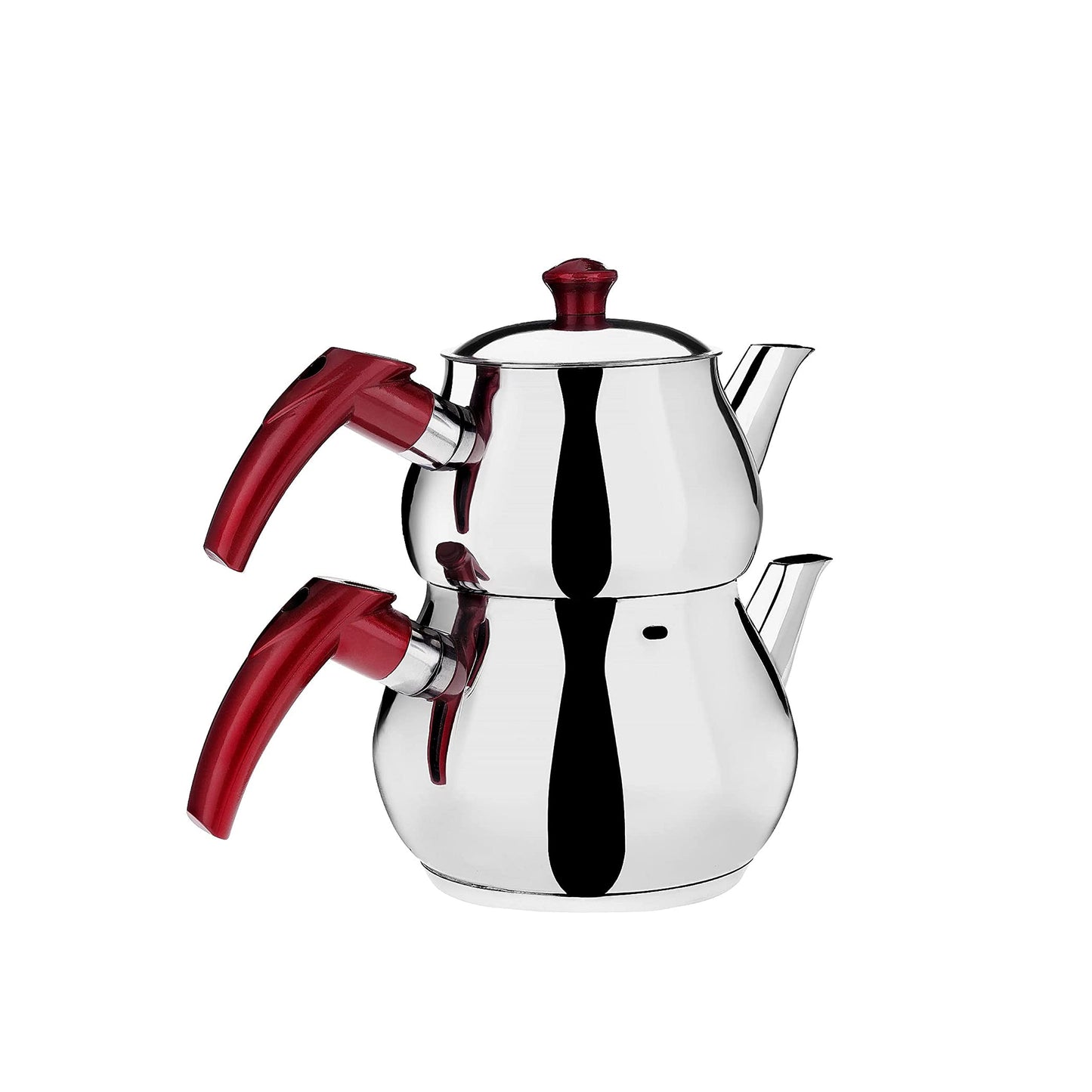 Turkish Teapot Set Stainless Steel Tea Maker for Stovetop | Double Tea Pot with Strainer | Samovar Style Tea Kettle Water Heater (Mini with Red Handles)