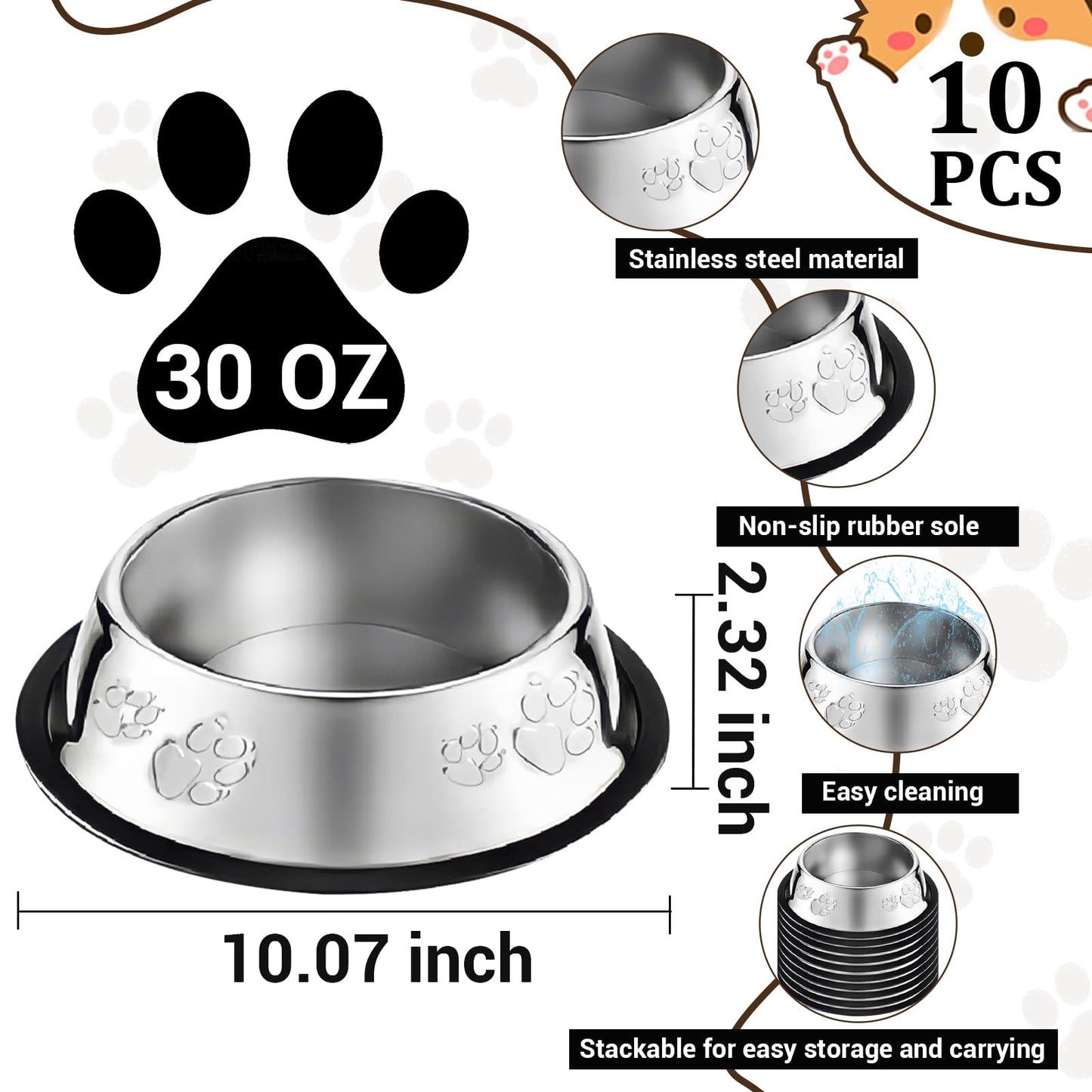 10 Pcs Stainless Steel Dog Bowl Pet Feeding Bowl with Rubber Base Non-Slip Pet Dishes Metal Dog Bowls Pet Food and Water Bowls for Small Medium Animals Kitten Rabbit (30 oz)
