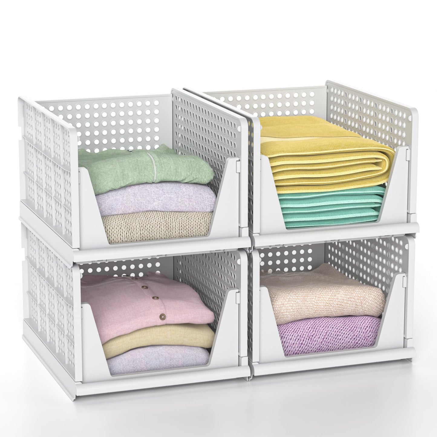Stackable Plastic Storage Basket , Foldable Closet Organizers and Storage Bins, Drawer Organizer for Clothes, Storage Box for Wardrobe Kitchen Bathroom Office Dorm - 4 Pack XL