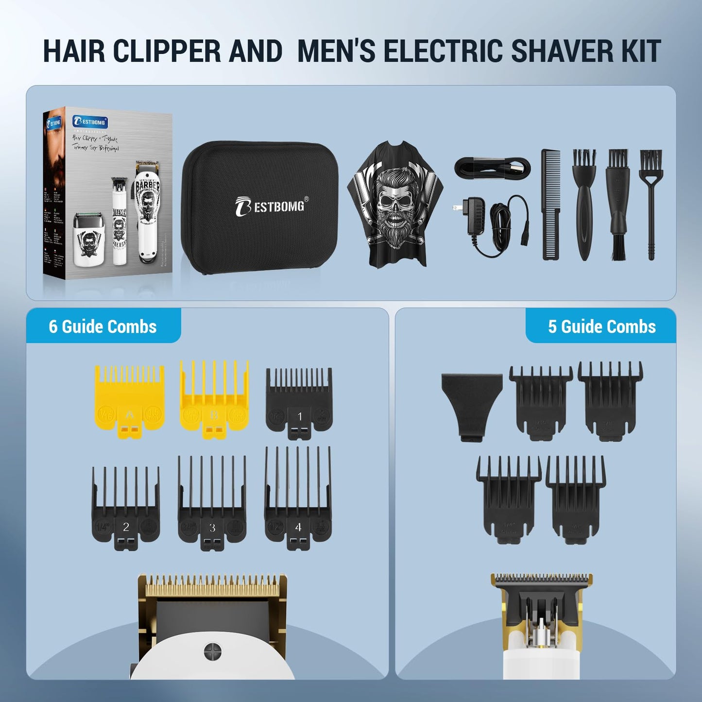 BESTBOMG Hair Clippers for Men Professional, Beard Trimmer Kits & Sets, Electric Shavers, Hair Clippers & Trimmer Ceramic T-Blade, for Barber, for Gifts