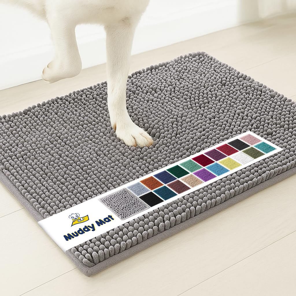 Muddy Mat® AS-SEEN-ON-TV Highly Absorbent Microfiber Door Mat and Pet Rug, Non Slip Thick Washable Area and Bath Mat Soft Chenille for Kitchen Bathroom Bedroom Indoor and Outdoor - Grey Large 35"X24"