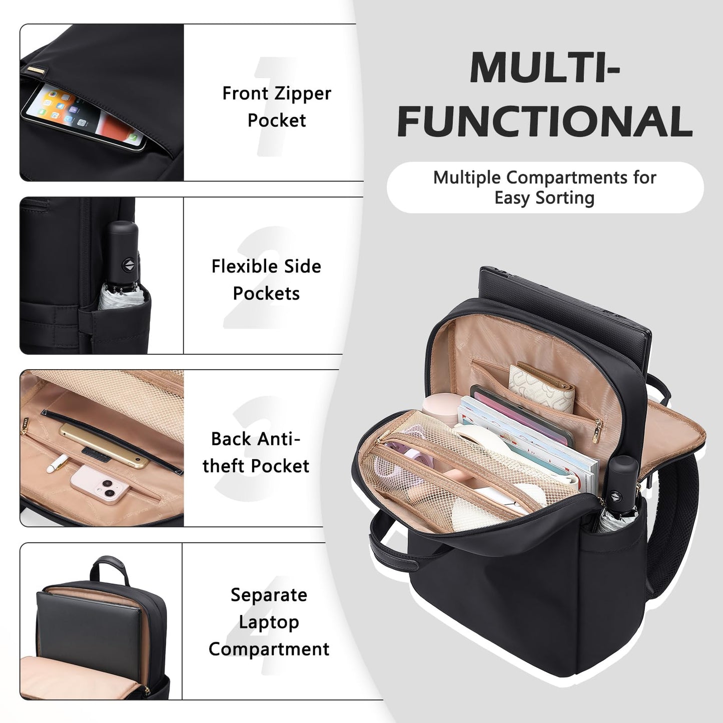 GOLF QUALITY Slim Laptop Backpack for Women, Lightweight Business Backpack for Women Computer Bag Purse for Commuting, Fit 17.3 Inch, Black