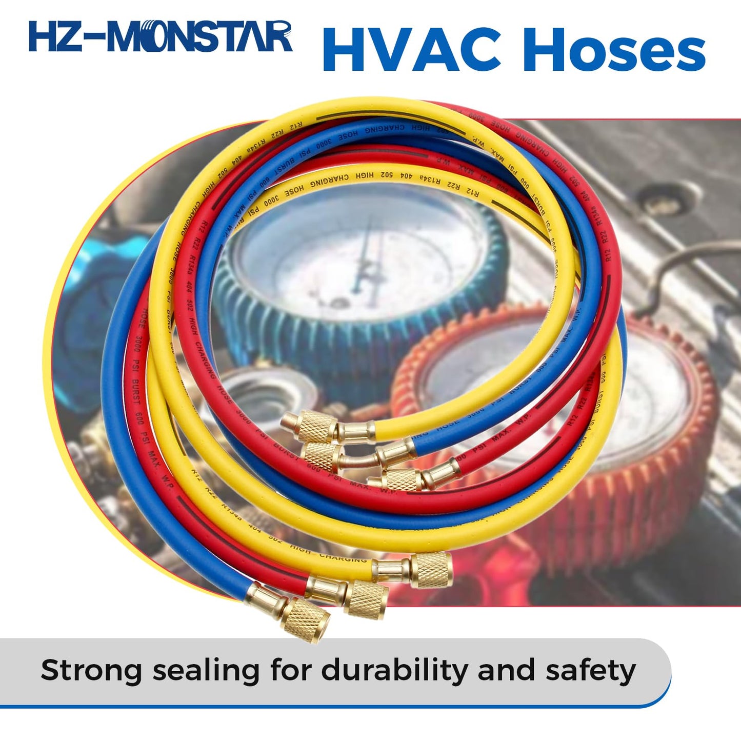 AC Charging Hoses Tube, 60" Refrigerant Charging Hose 1/4" SAE Thread Fits for R12 R22 R502 Car Air Conditioning and HVAC Manifold Gauge Hose Kit (3000~600) PSI