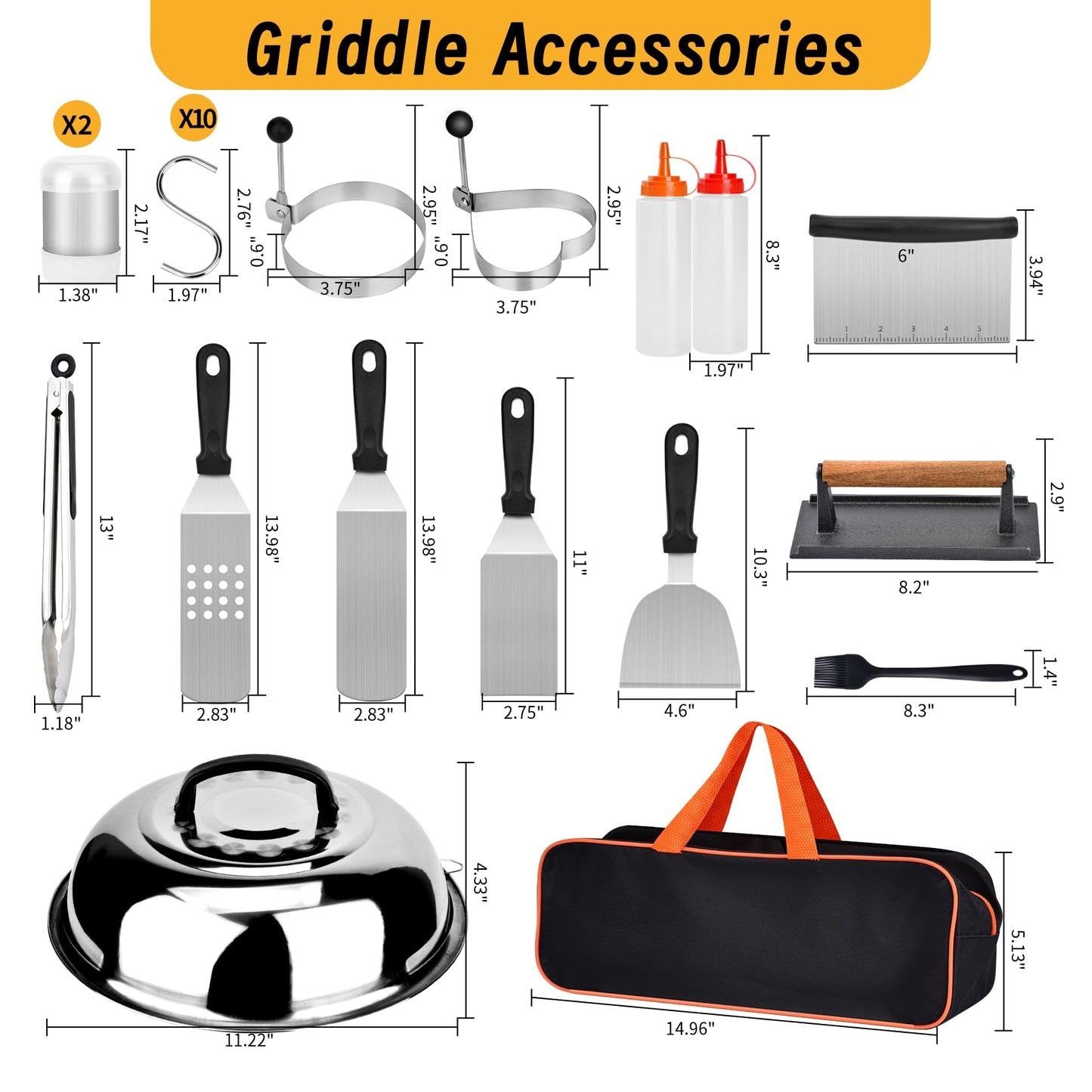 Onlyflame 26PCS Professional BBQ Griddle Tool Kit for Flat Top Grill Blackstone and Camp Chef - Stainless Steel Griddle Spatulas Accessories Kit with Basting Cover, Carry Bag and More Tools