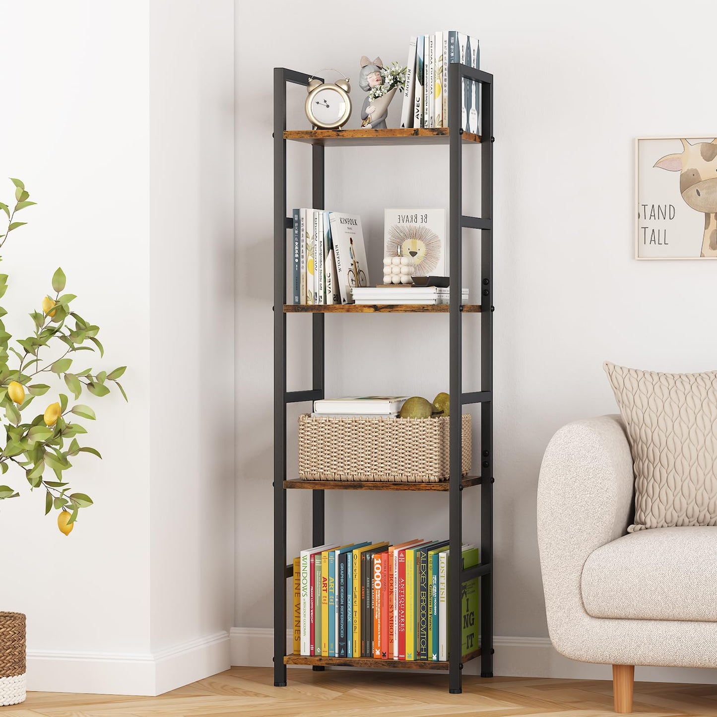 Katrawu 4 Tier Bookshelf, Small Book Shelf Industrial Bookcase, Metal Narrow Book Case Book Storage Organizer,Bookshelves for Bedroom Office Living Room(4 Tier,Rustic Brown)