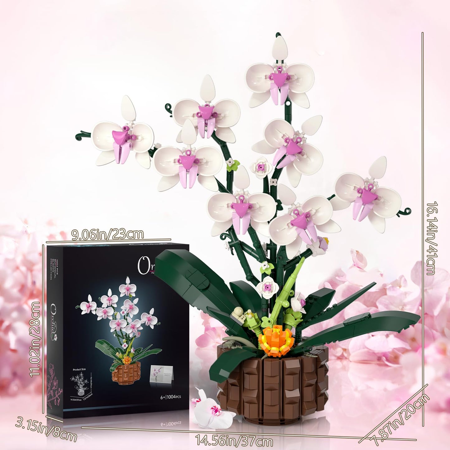 1004 Pieces Flower Building Blocks Set, Artificial Orchid Toy Building Sets with Fairy Lights and Postcards, Creative Flower Construction Kits for Adults and Kids Aged 8-14, Ideal present for Festival