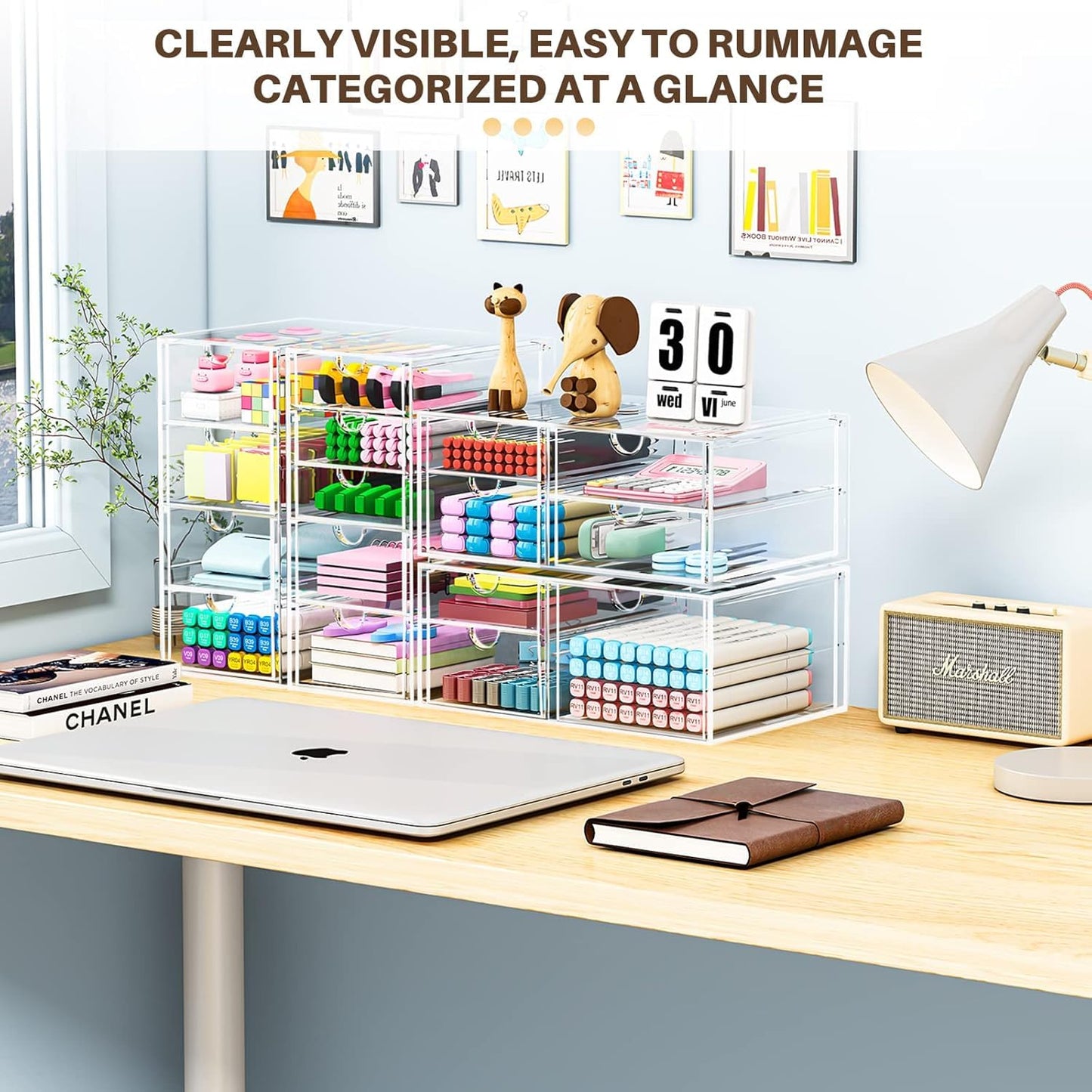 caktraie Makeup Organizer Storage With 16 Drawers, 4 Pcs Desktop Office Supplies, Desk Organizers, Clear Accessories, Dustproof Drawer and for Make Up, Jewelry, Pen, Stationary