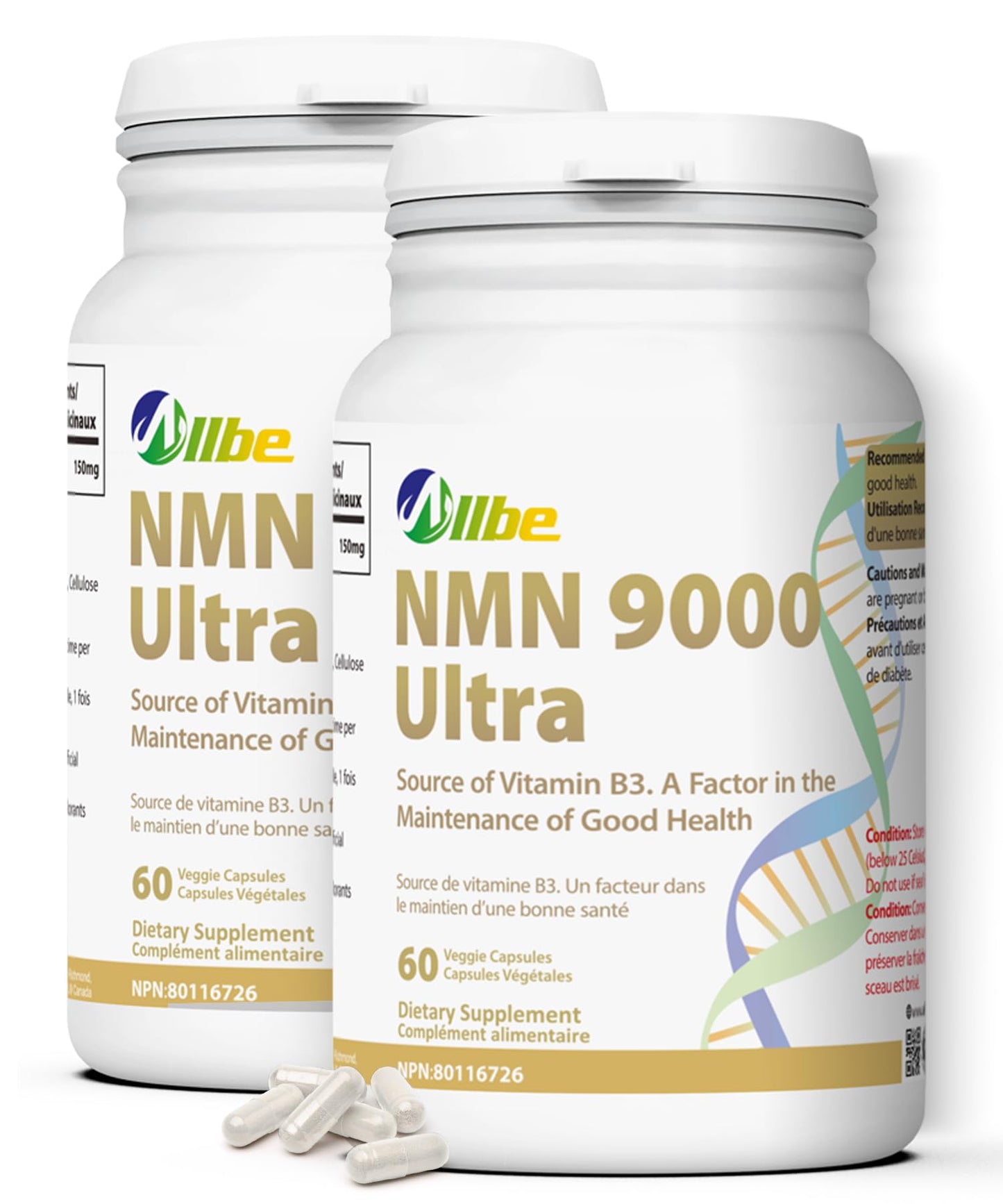 ALLBE NMN 9000 Ultra Capsules - NAD Supplement Canada for Cellular Energy Metabolism, Repair, Immunity and Healthy Ageing - Shelf Stable Nicotinamide Mononucleotide 150 mg Servings - (Pack of 2, 1x60 Capsules)