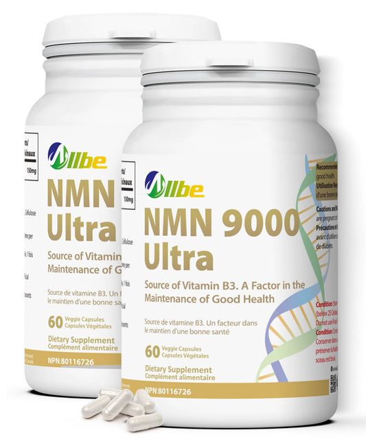 ALLBE NMN 9000 Ultra Capsules - NAD Supplement Canada for Cellular Energy Metabolism, Repair, Immunity and Healthy Ageing - Shelf Stable Nicotinamide Mononucleotide 150 mg Servings - (Pack of 2, 1x60 Capsules)