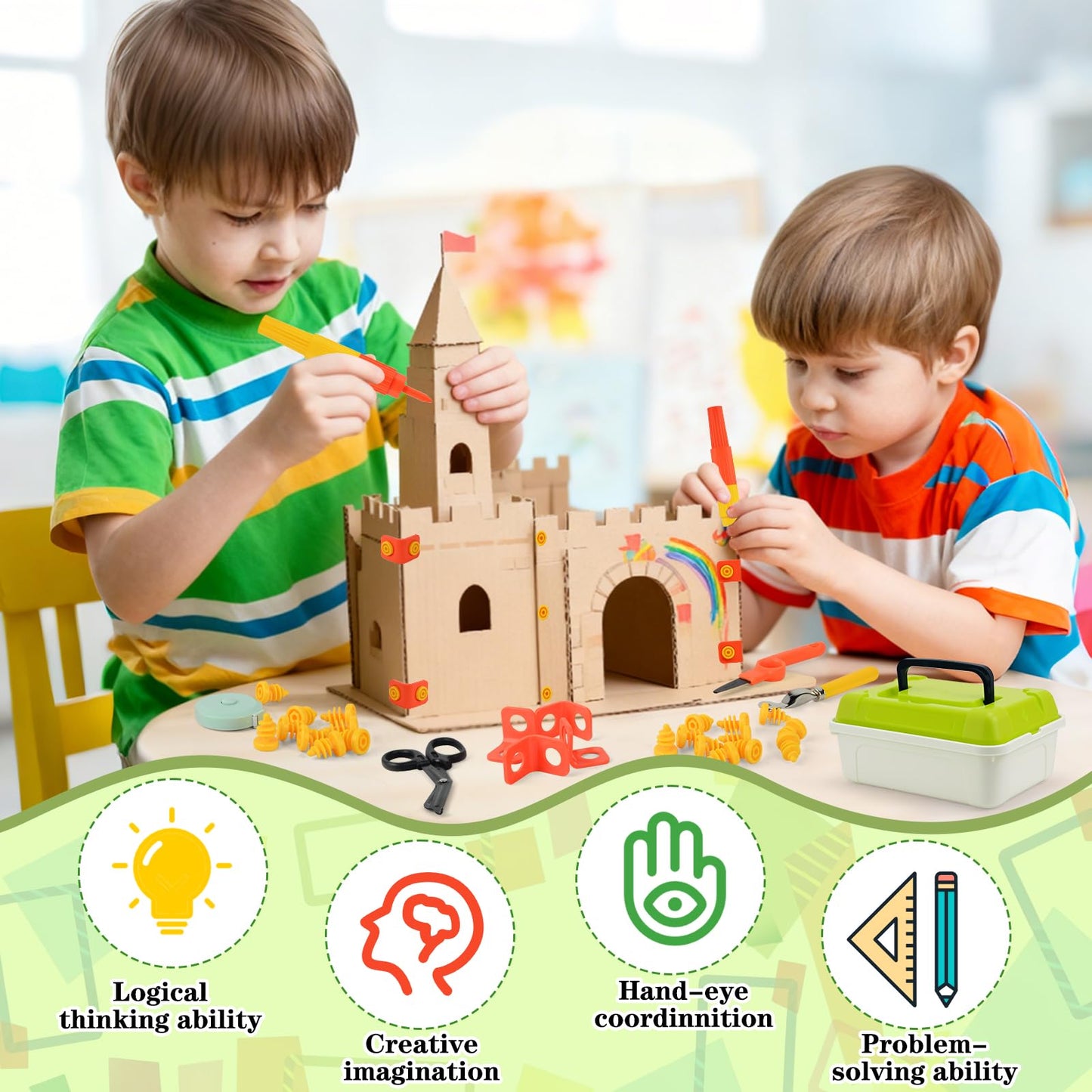 Cardboard Tools for Kids, 170 Pcs Kid Safe Cardboard Cutter with Box, Construction Kit for Family, Classroom Learning, STEM Educational Toys Birthday Gift for Boys and Girls Aged 4+