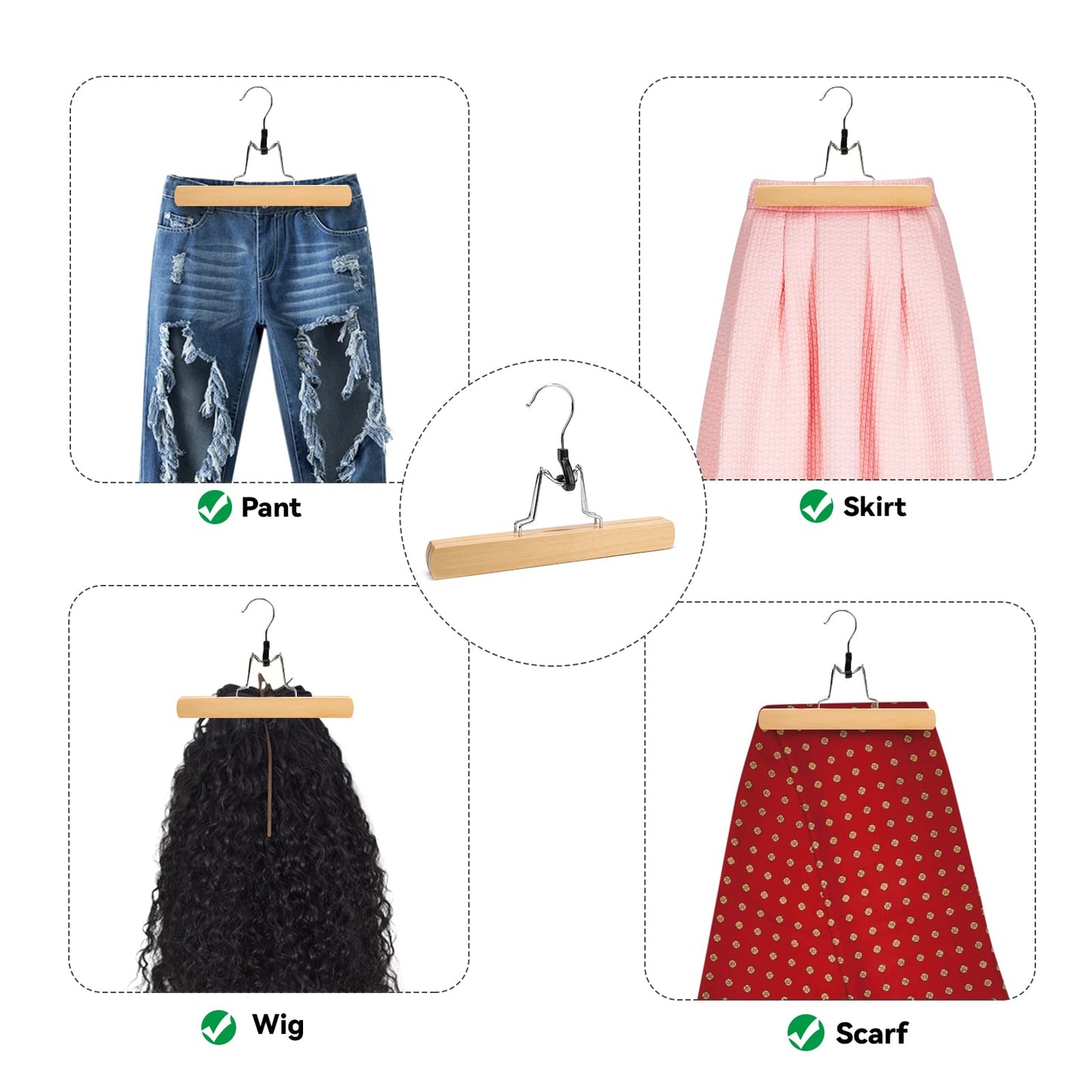 Nature Smile Wooden Trouser Hangers, 10 Pieces Non-Slip Skirt Hangers, Hair Extension Hangers, Jeans/Slack Hangers with 360° Rotating Hook - Pants Clip Hangers (Natural)