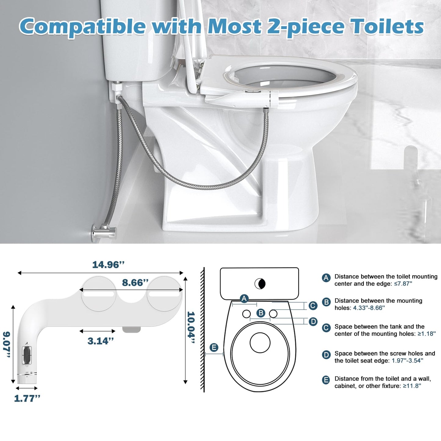 6MM Ultra-Slim Bidet, Bidet Attachment for Toilet Dual Nozzles (Frontal & Rear Wash) Pressure Adjustable, Non-Electric Auto Self Cleaning, Fresh Water Bidet Toilet Seat Attachment, No Gap Install