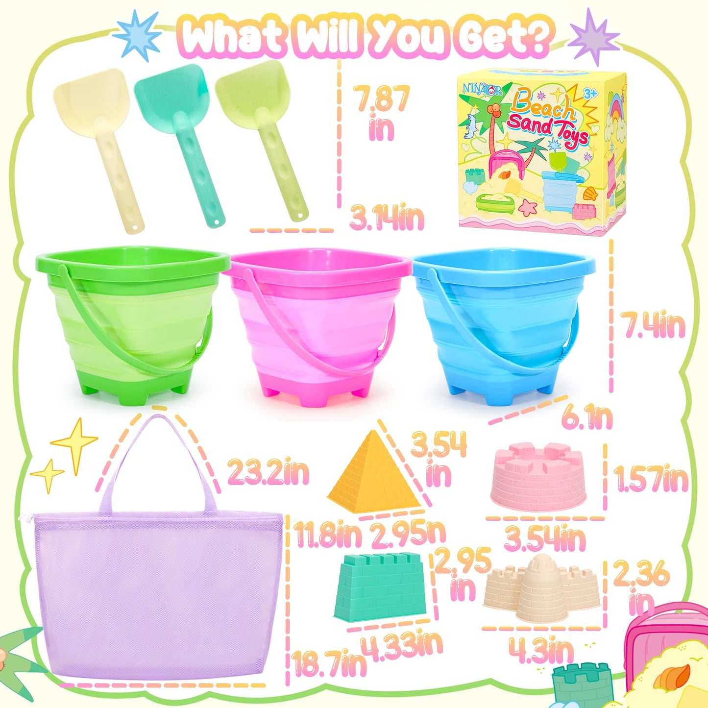 NINAOR Collapsible Beach Toys with Beach Bag, Collapsible Bucket Rake Shovel Beach Essentials for Toddler Toys Play Sandbox Camping Vacation Outdoor Games Sand Toys for Kids Beach Travel