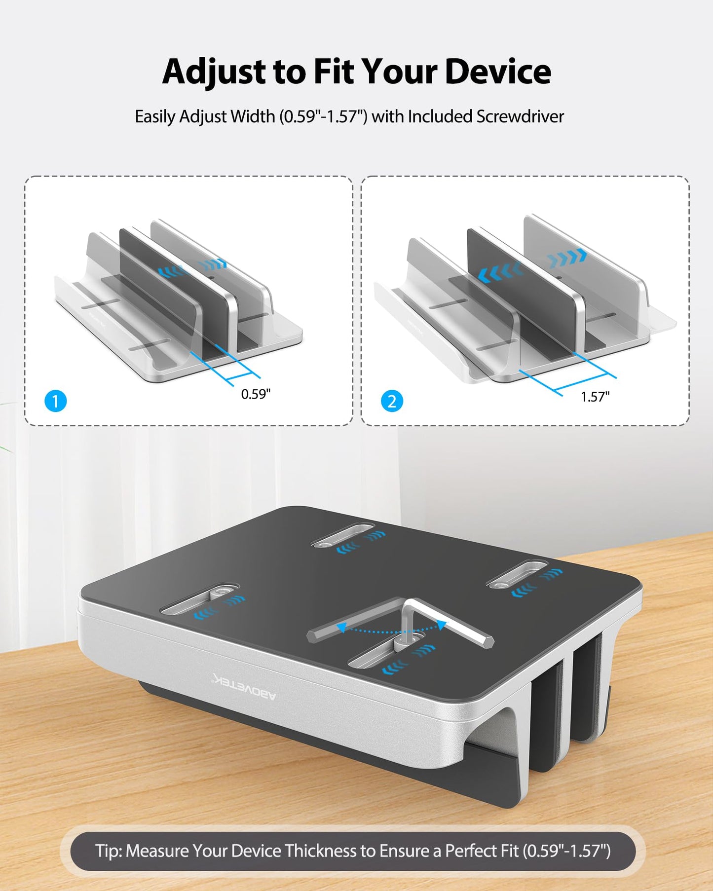 Vertical Laptop Stand - AboveTEK - 3 Slots for Computer, Tablet, Phone - Fits All Laptop Models (up to 17.3") - Heavy Duty Polished Aluminum Desktop Holder - Anti Slide Silicone Grips - Silver