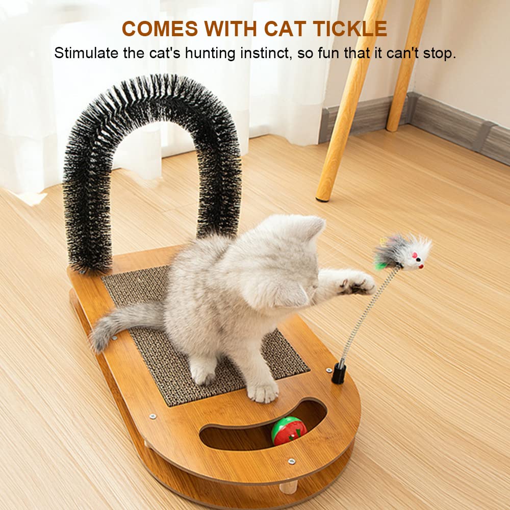 Cat Scratching Board with Cat Arch Self Groomer and Kitty Ball Toys, cat Scratcher Cardboard for Indoor Cats, Eco-Friendly Wood, Durable, Stable and Non-Slip, cat Scratcher Pad
