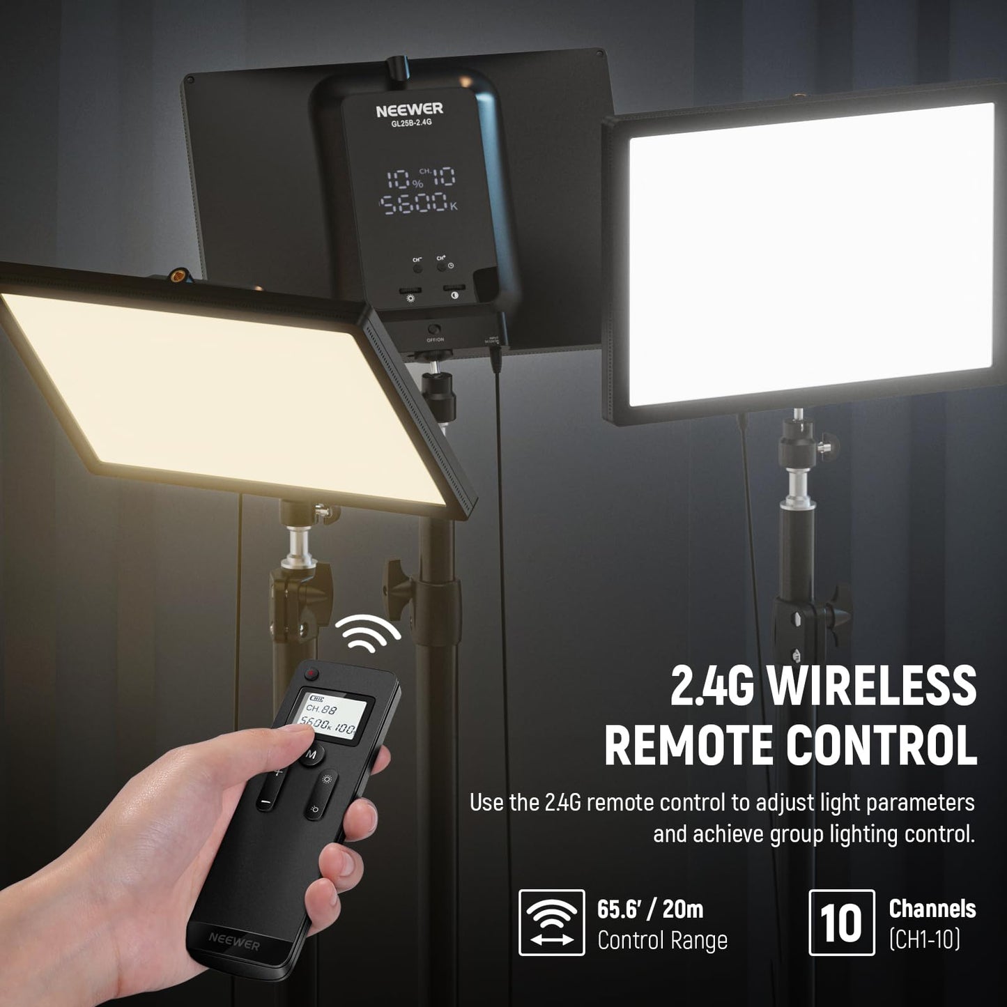 NEEWER 25W 12.9" Streaming Key Light with Desk Stand/2.4G Remote/USB Transmitter, PC/Mac APP Control Dimmable Edge Lit Video Panel Light with 2300Lux 2900K-7000K CRI98+ for Webcam Laptop Zoom, GL25B