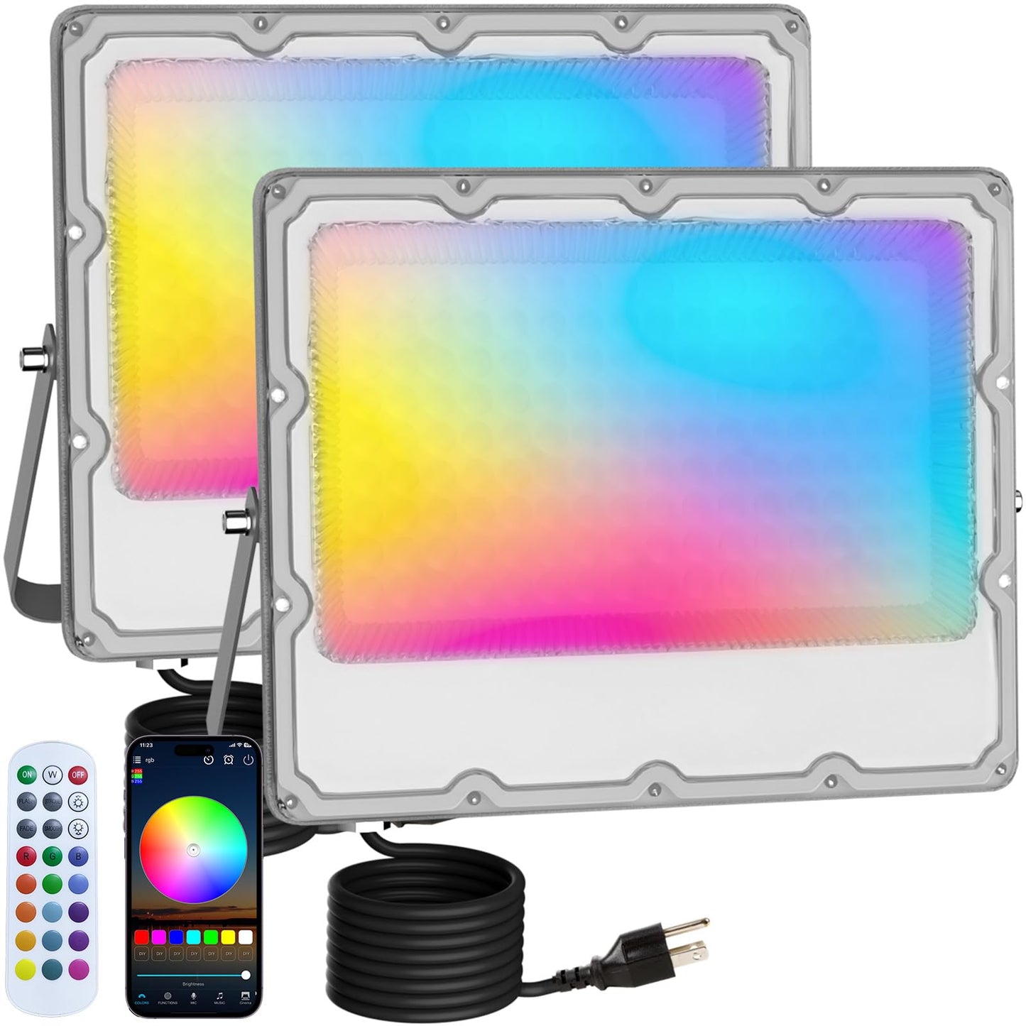 MEEKBOS 2-Pack 100W RGB LED Flood Lights Outdoor, 10000LM Color Changing Lights with Bluetooth App & 2.4G Remote Control, IP66 Waterproof, 16M Colors, Music Sync & Timer