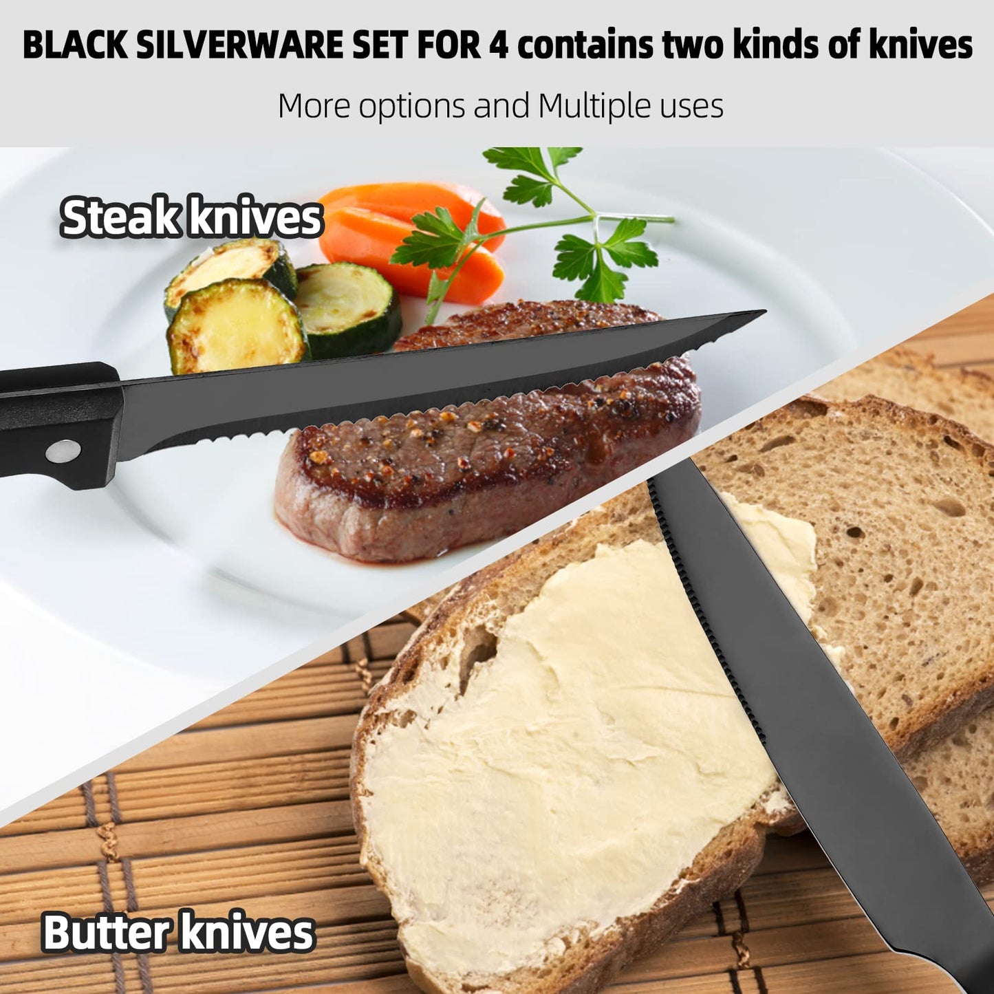 24-Piece Stainless Steel Black Silverware Set - CEKEE Flatware Kitchen Utensils Cutlery Set for Home & Restaurant, Premium Knife Fork Spoon with Steak Knives, Heavy Duty & Dishwasher Safe