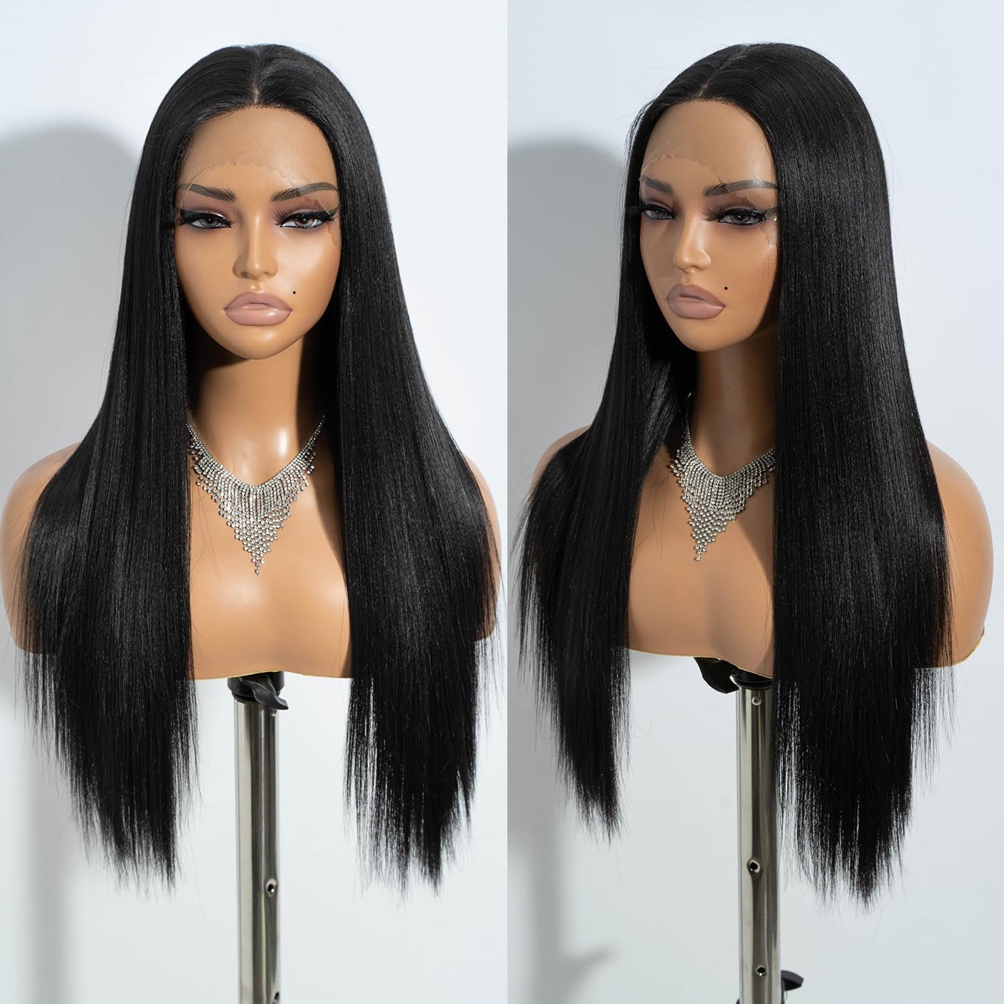 JOEDIR 26" Long Straight 4x4 inch Free Parting Silk Base Lace Frontal Wigs With Baby Hair High Temperature Synthetic Wigs For Black Women 180% Density Black Color Wigs 250g(1B)