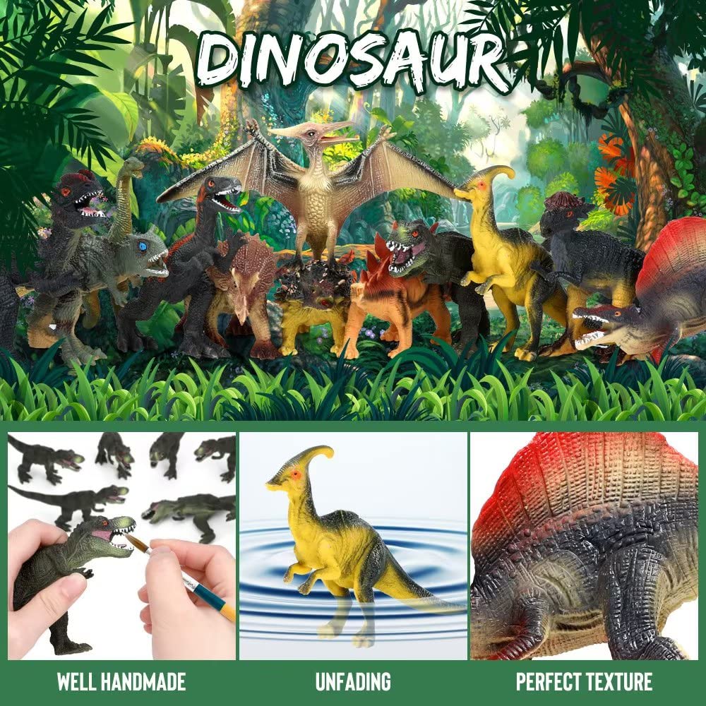 FRUSE Jurassic Dinosaur Toys,12 PCS Realistic Jumbo Dinosaur Figurines,Educational Dino Figure Playset w/Information Dino Book Easter Day Toy for Kids