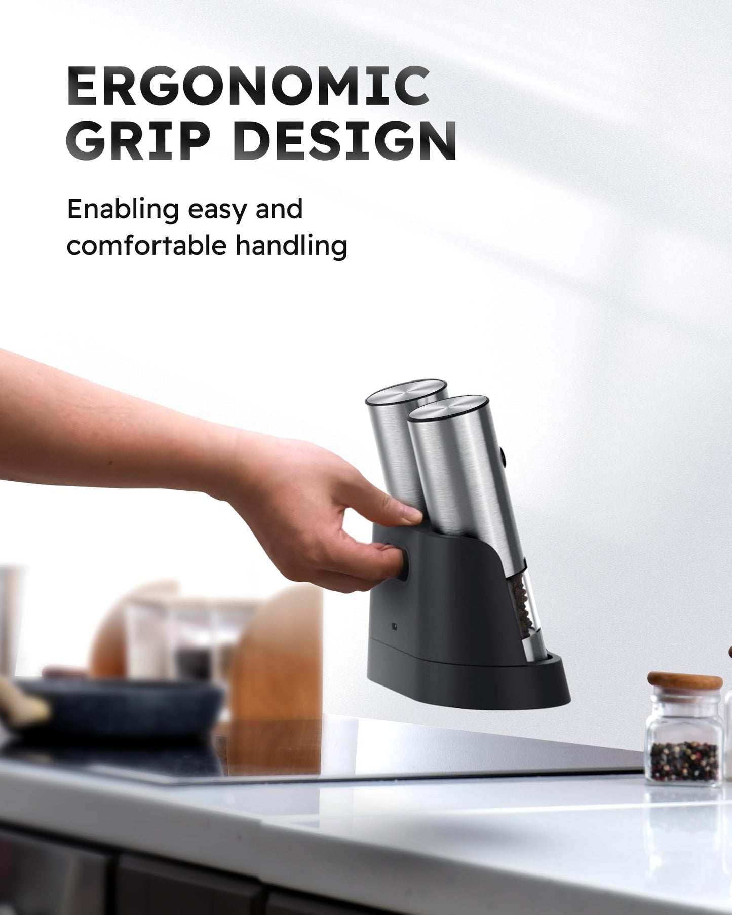 FORLIM Electric Salt and Pepper Grinder Set with USB Rechargeable Base, Upgraded Washable Container and Quieter, Automatic One-Handed Operation with LED, Adjustable Coarseness Pepper Mill Refillable