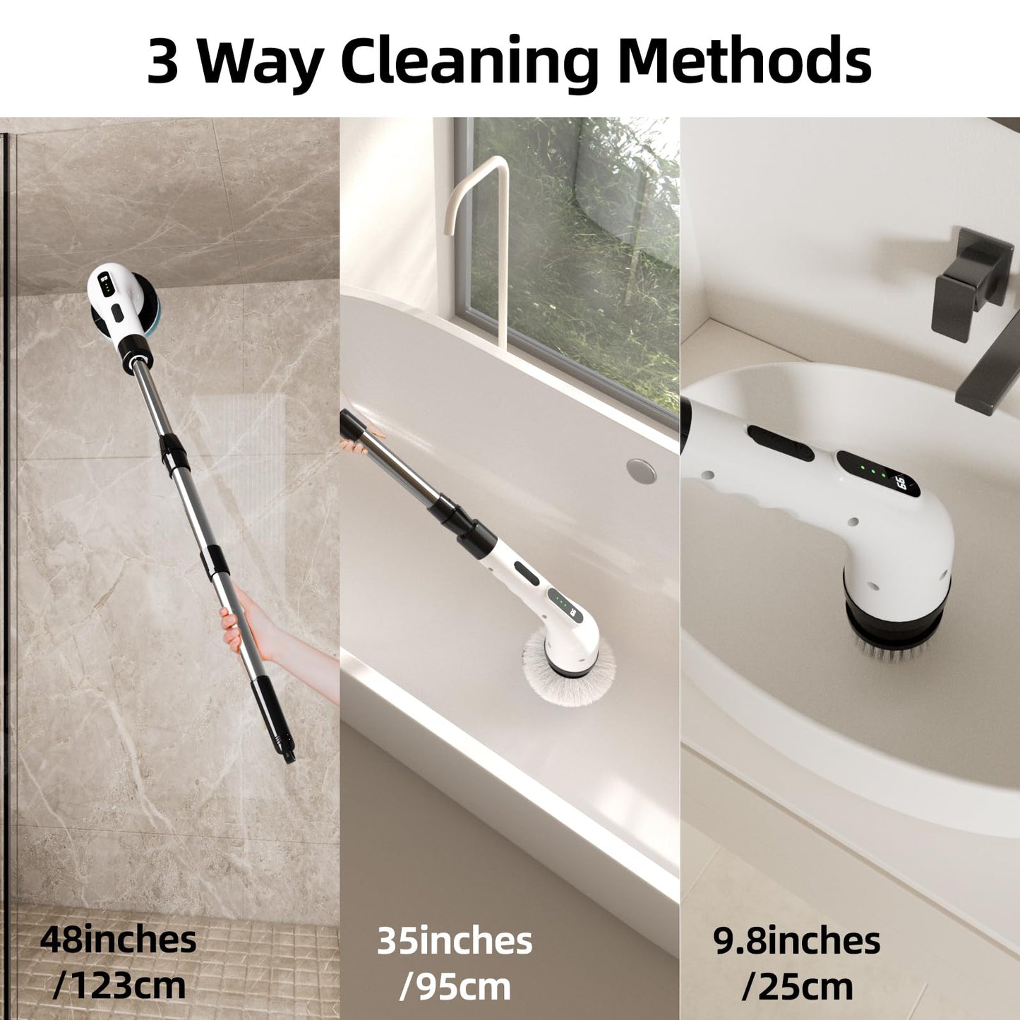 Electric Spin Scrubber for Cleaning, 9 in 1 Changeable Bathroom Scrubber with Power Display, Long Cordless Cleaning Brush, Cordless Shower Cleaner Brush for Bathtub Kitchen Wall Cleaning (Black&white)